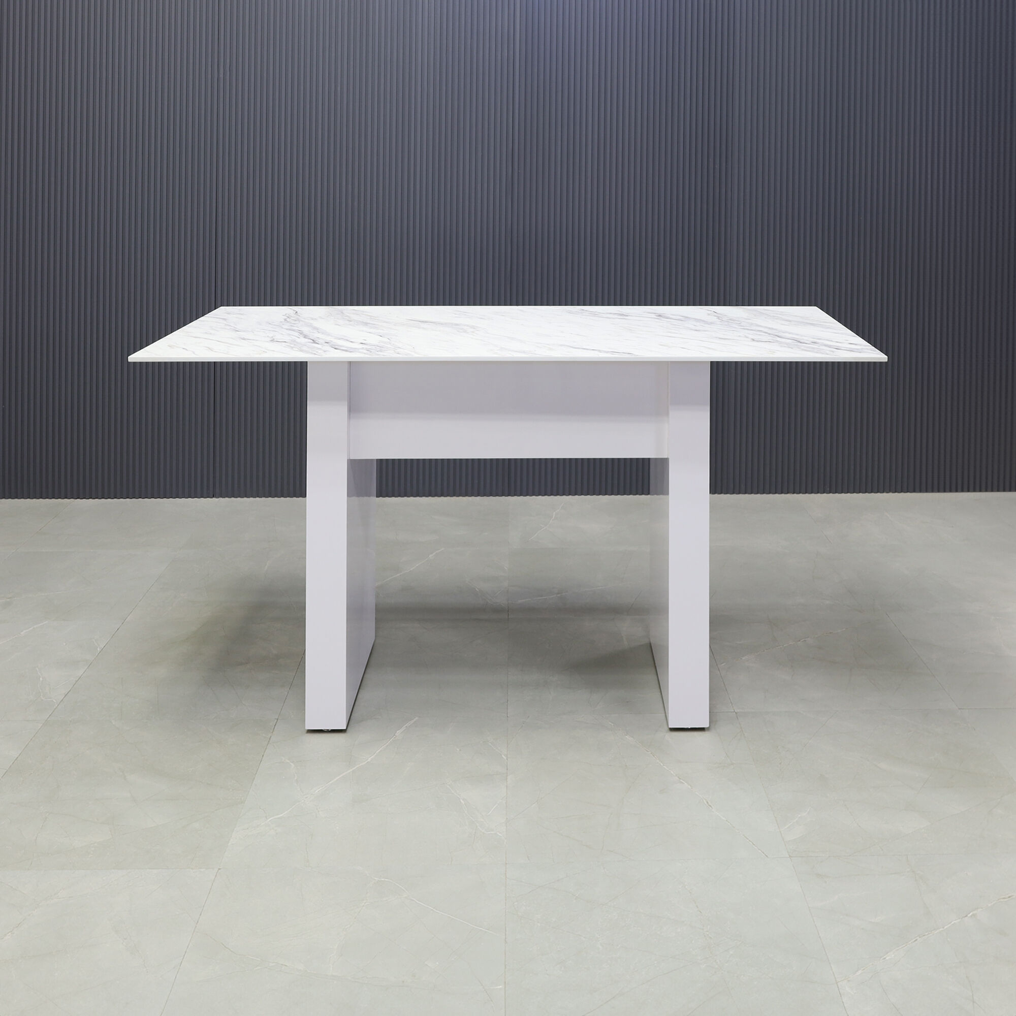 60-inch Windsor Engineered Surface Bar Table in 1/2" calcutta blanc engineered surface top and white matte laminate base, shown here.