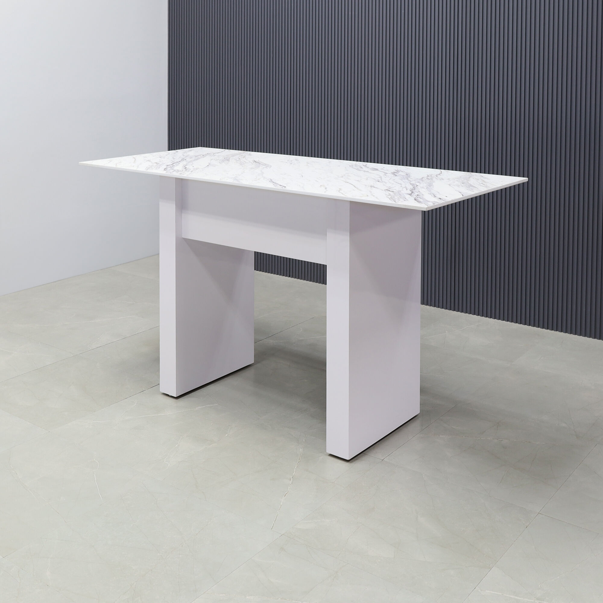 60-inch Windsor Engineered Surface Bar Table in 1/2" calcutta blanc engineered surface top and white matte laminate base, shown here.
