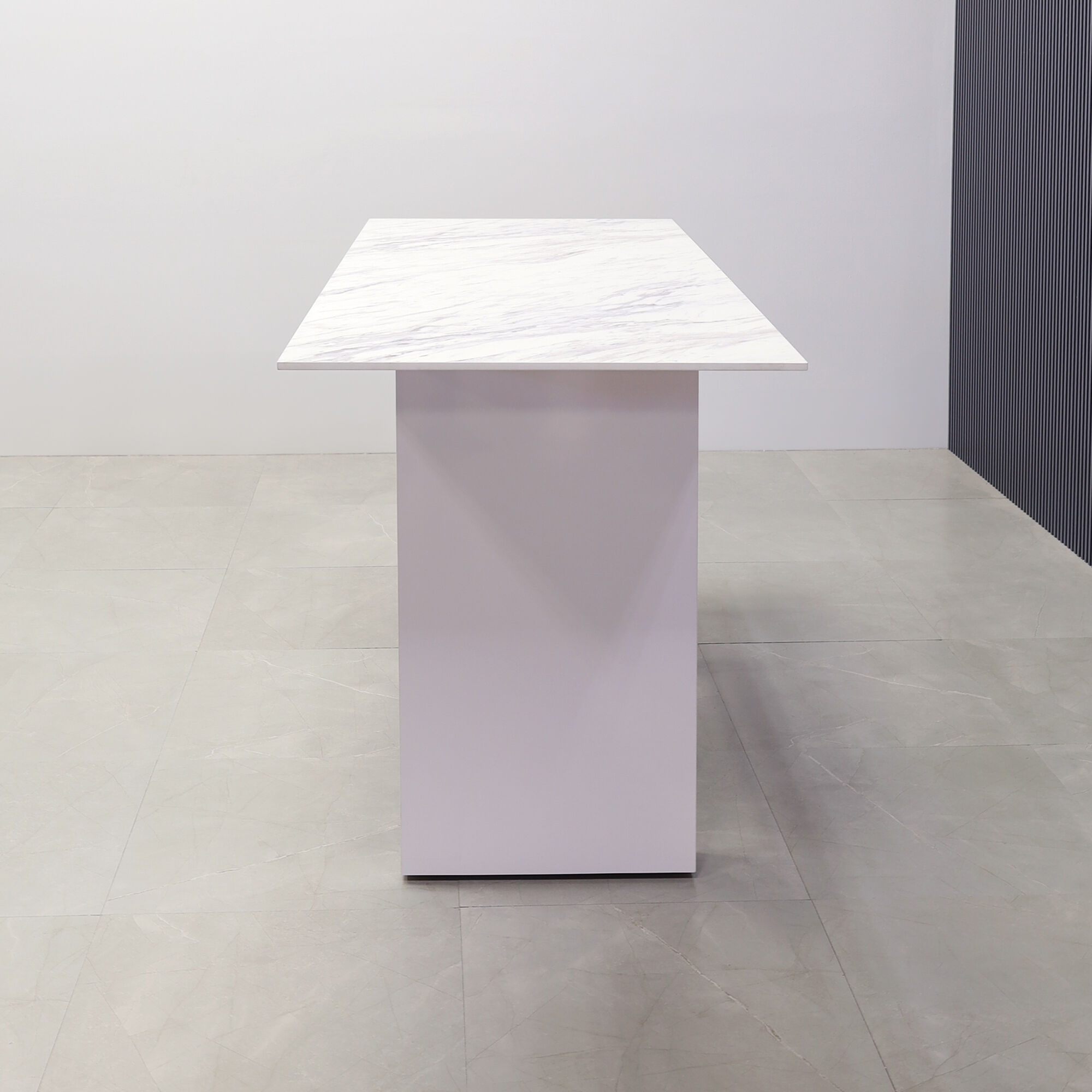 60-inch Windsor Engineered Surface Bar Table in 1/2" calcutta blanc engineered surface top and white matte laminate base, shown here.