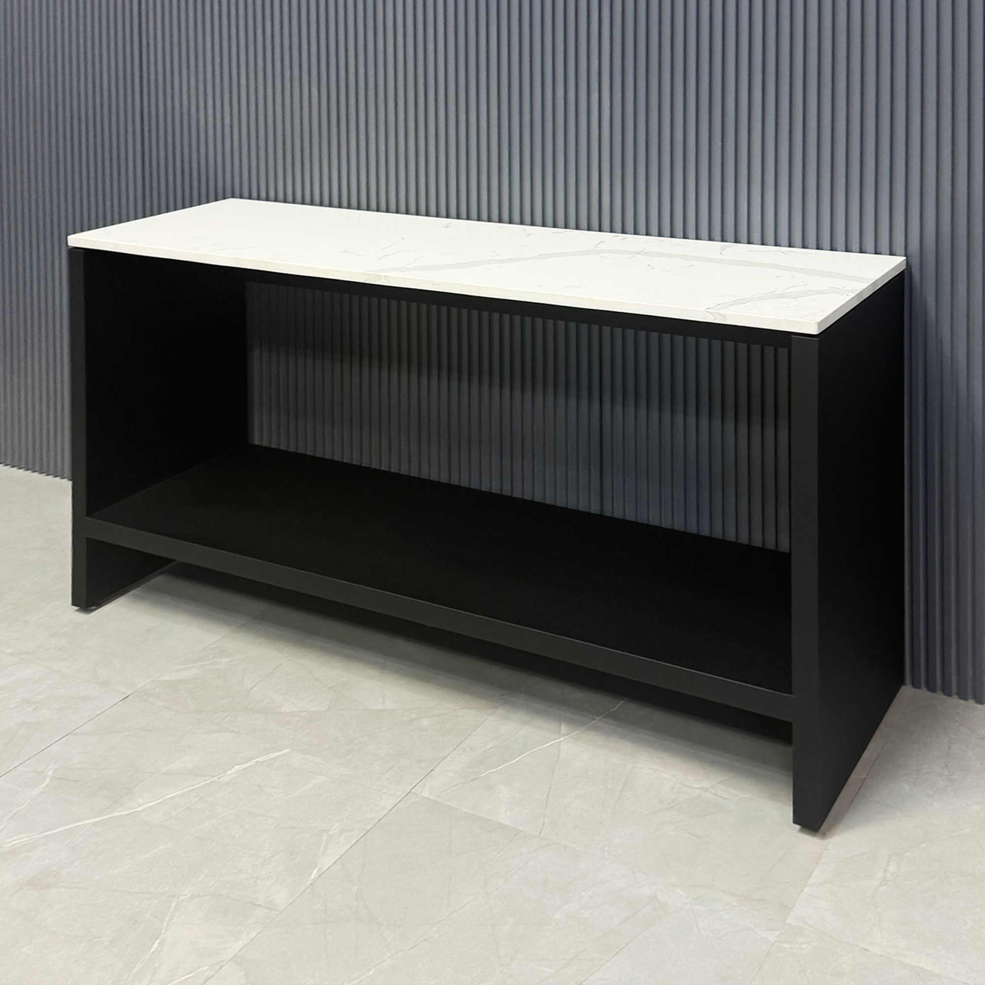 60-inch Boston Console Table in 3/4" Calcutta Quartz Stone Top and black traceless laminate console, shown here.