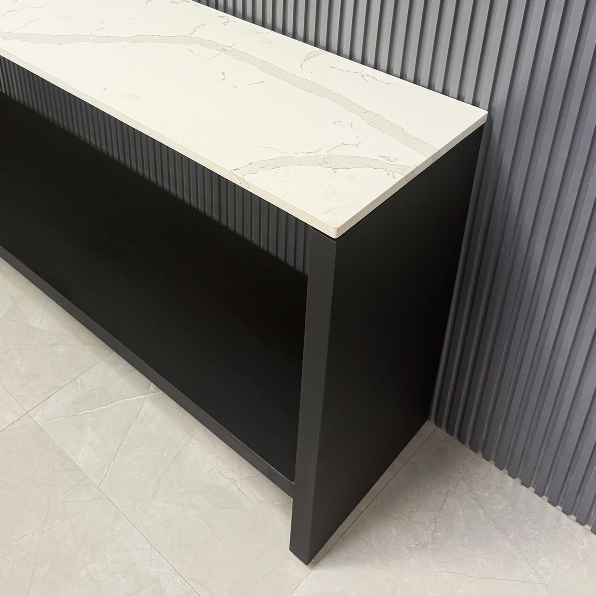60-inch Boston Console Table in 3/4" Calcutta Quartz Stone Top and black traceless laminate console, shown here.