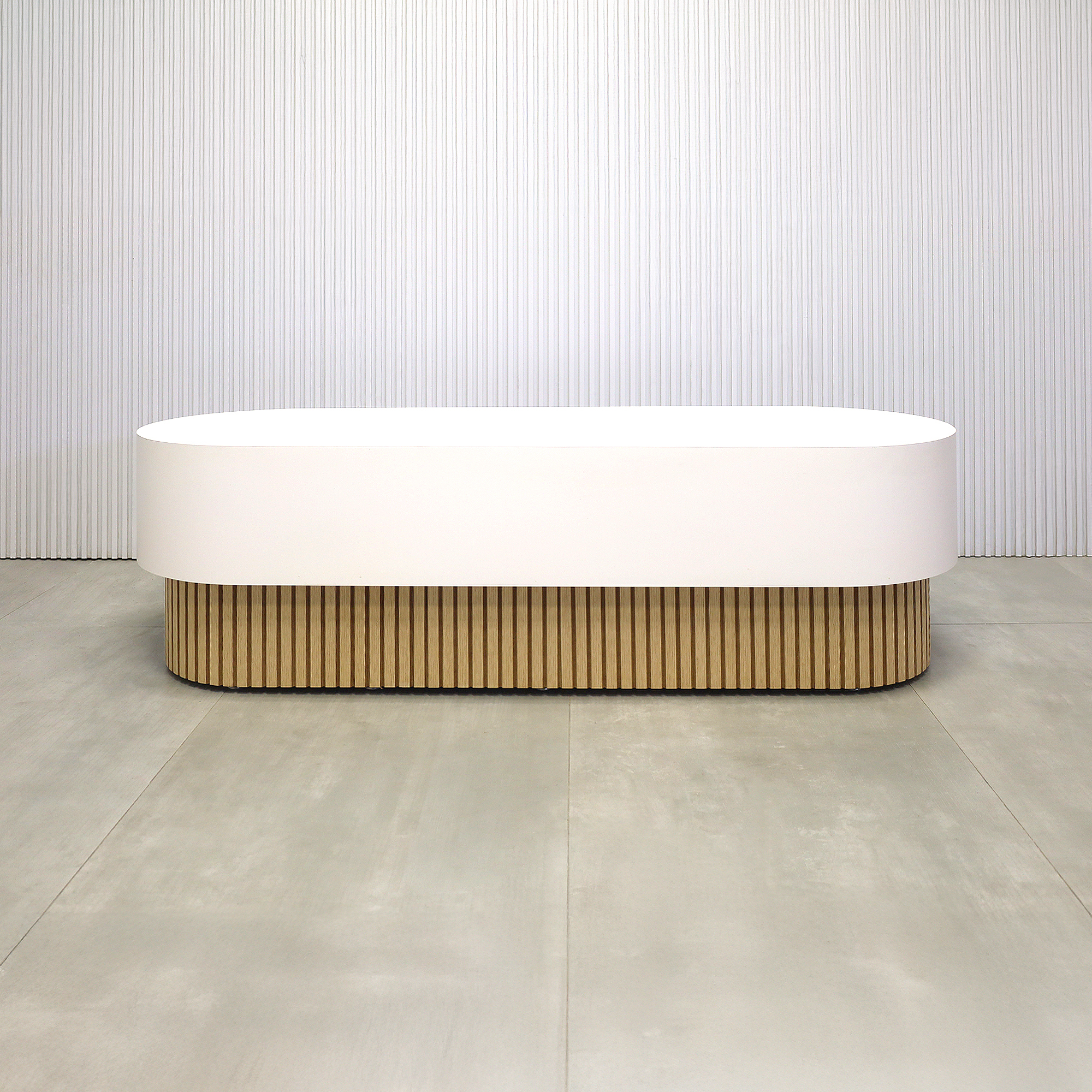 60-inch Pill Bench with X2 Base in Dover Off-White laminate main body, and White Oak tambour base.