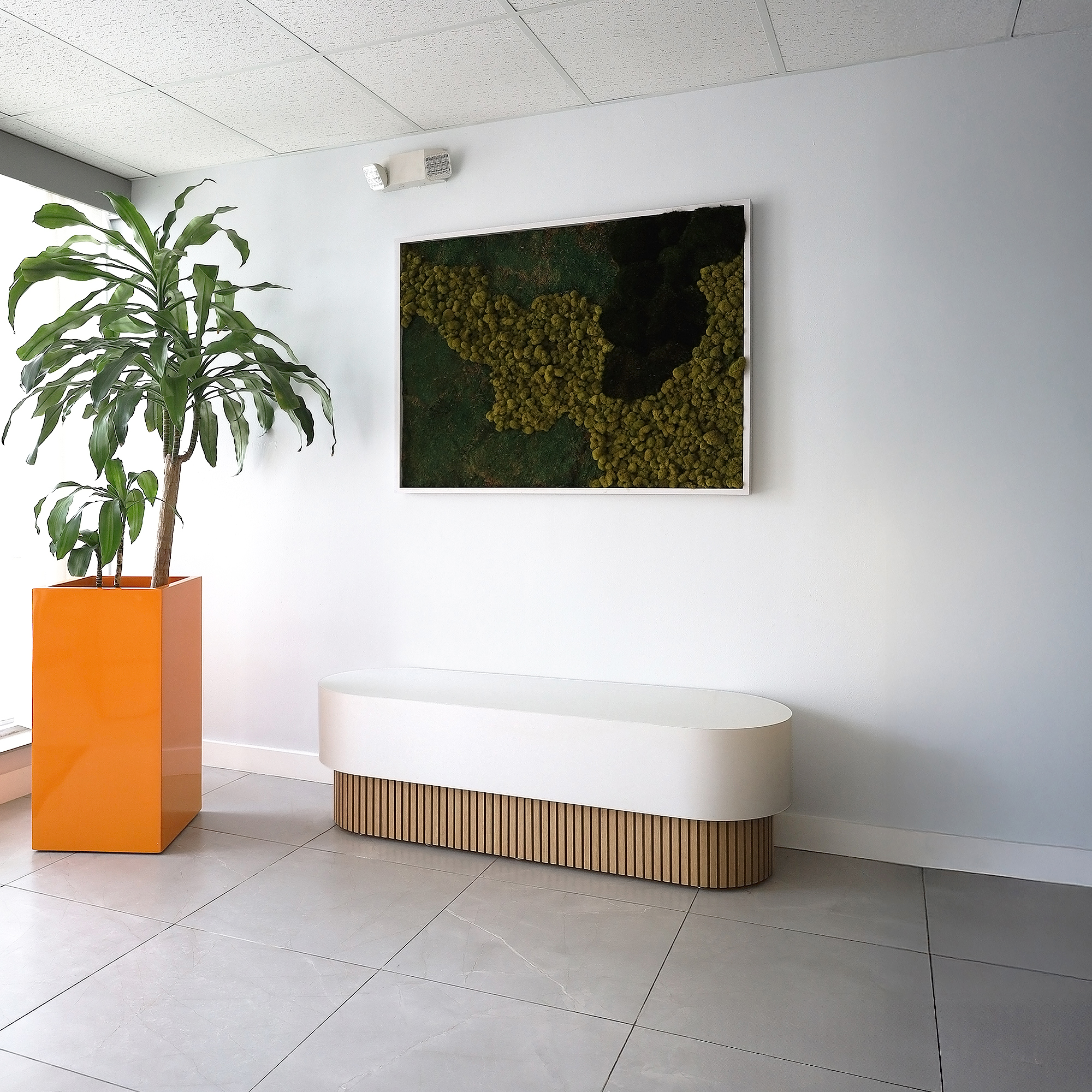 60-inch Pill Bench with X2 Base in Dover Off-White laminate main body, and White Oak tambour base.