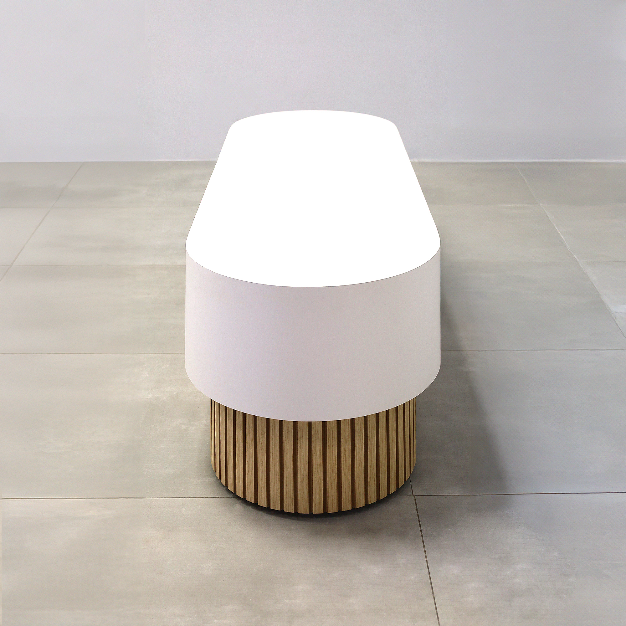 60-inch Pill Bench with X2 Base in Dover Off-White laminate main body, and White Oak tambour base.