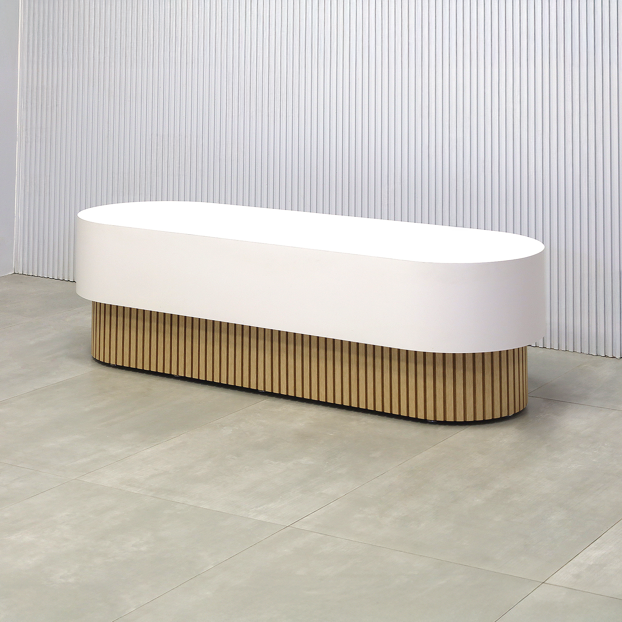 60-inch Pill Bench with X2 Base in Dover Off-White laminate main body, and White Oak tambour base.