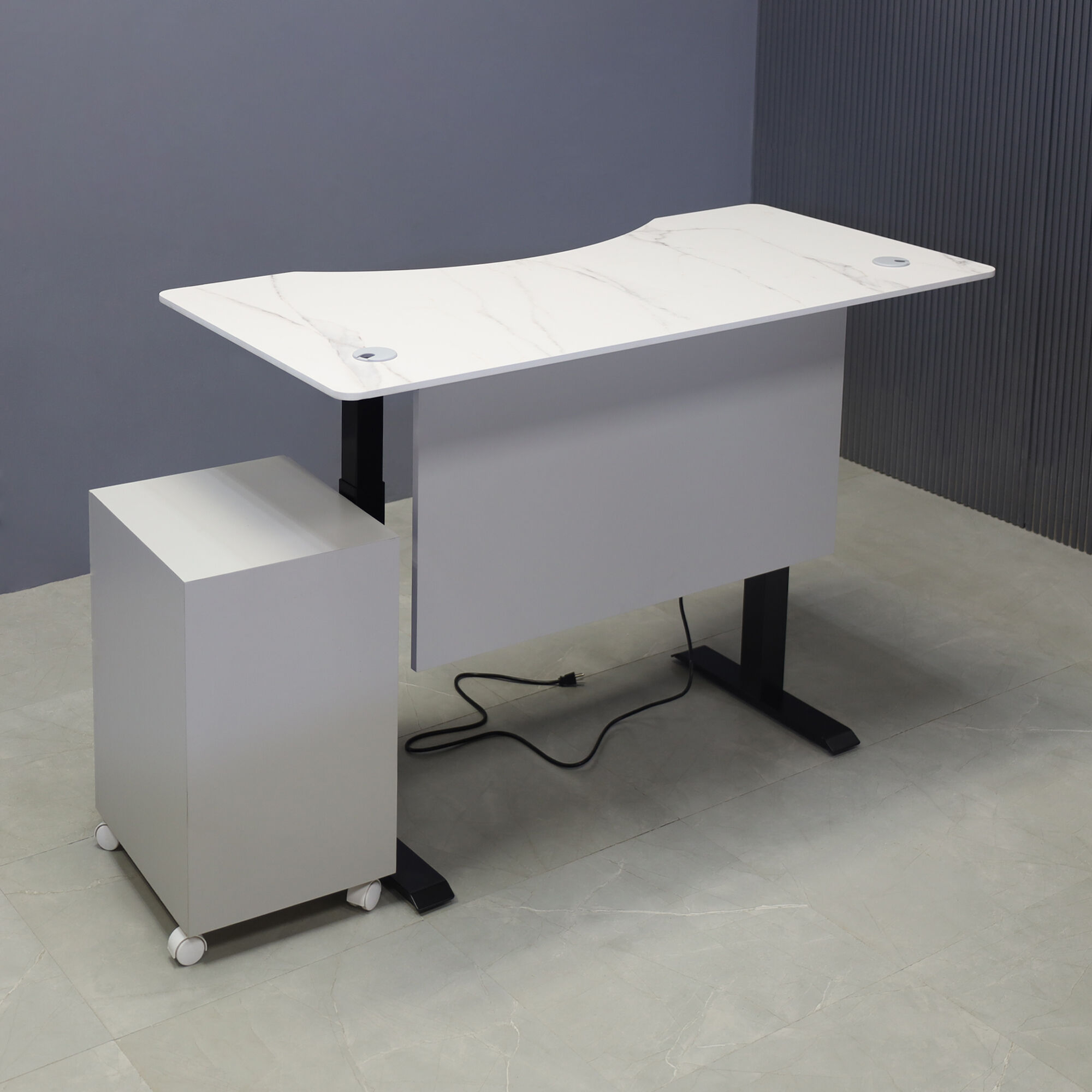 60-inch aXis Sit-stand Executive Desk with 1/2" solenne marble engineered surface top, folkstone gray matte laminate privacy panel and black metal legs, shown here.