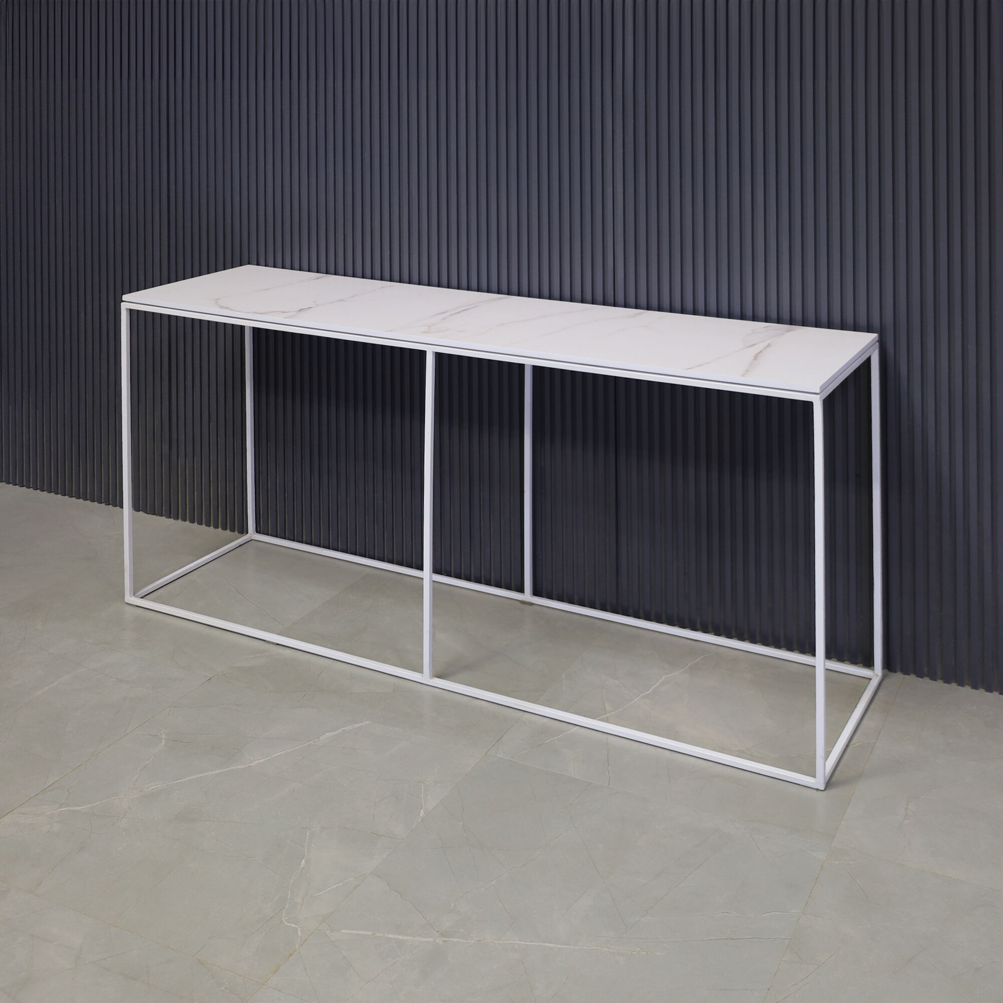 60-inch Aspen Console Table in 1/2" solenne marble engineered surface top and white metal frame, shown here.