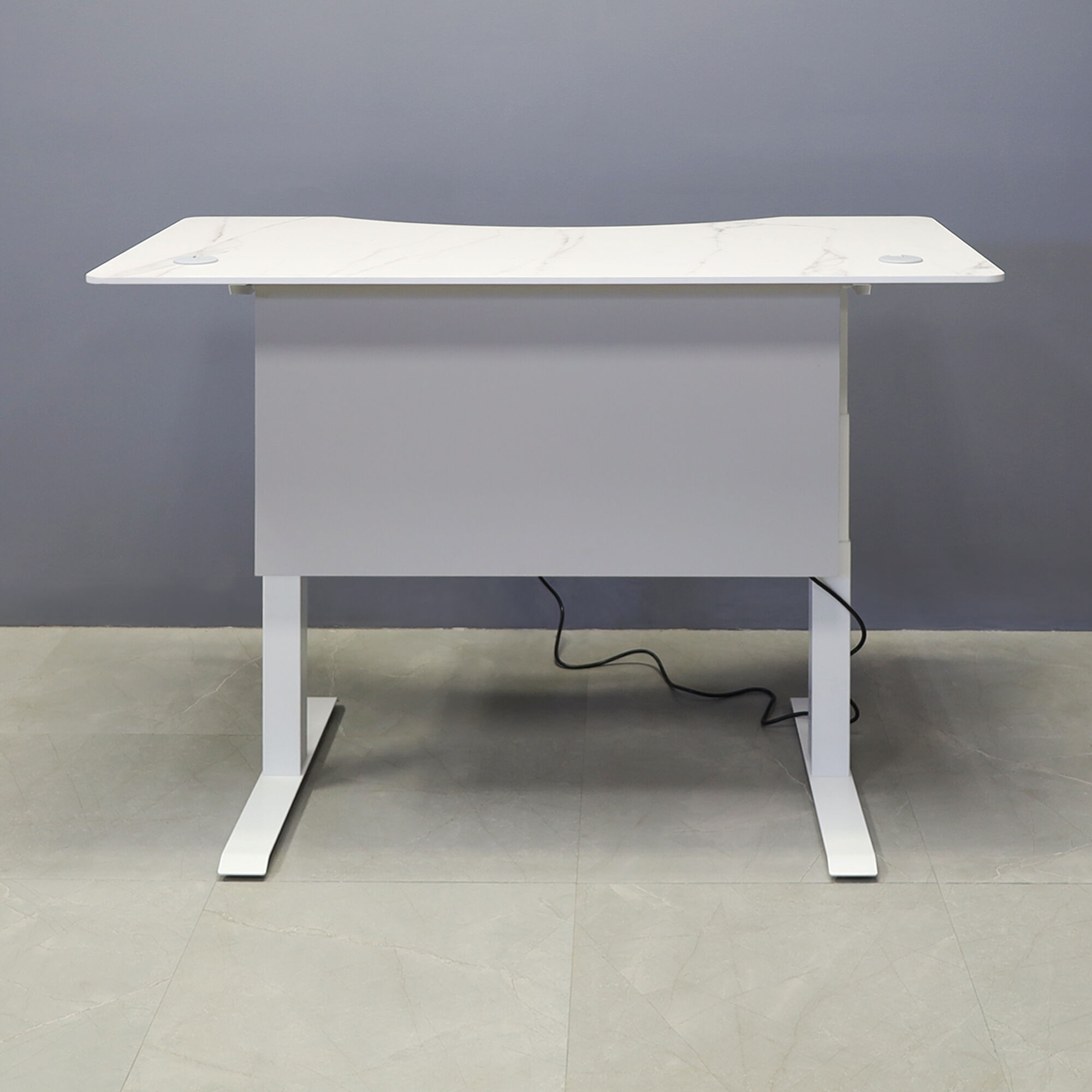 60-inch aXis Sit-stand Executive Desk with 1/2" solenne marble engineered surface top, folkstone gray matte laminate privacy panel and white metal legs shown here.