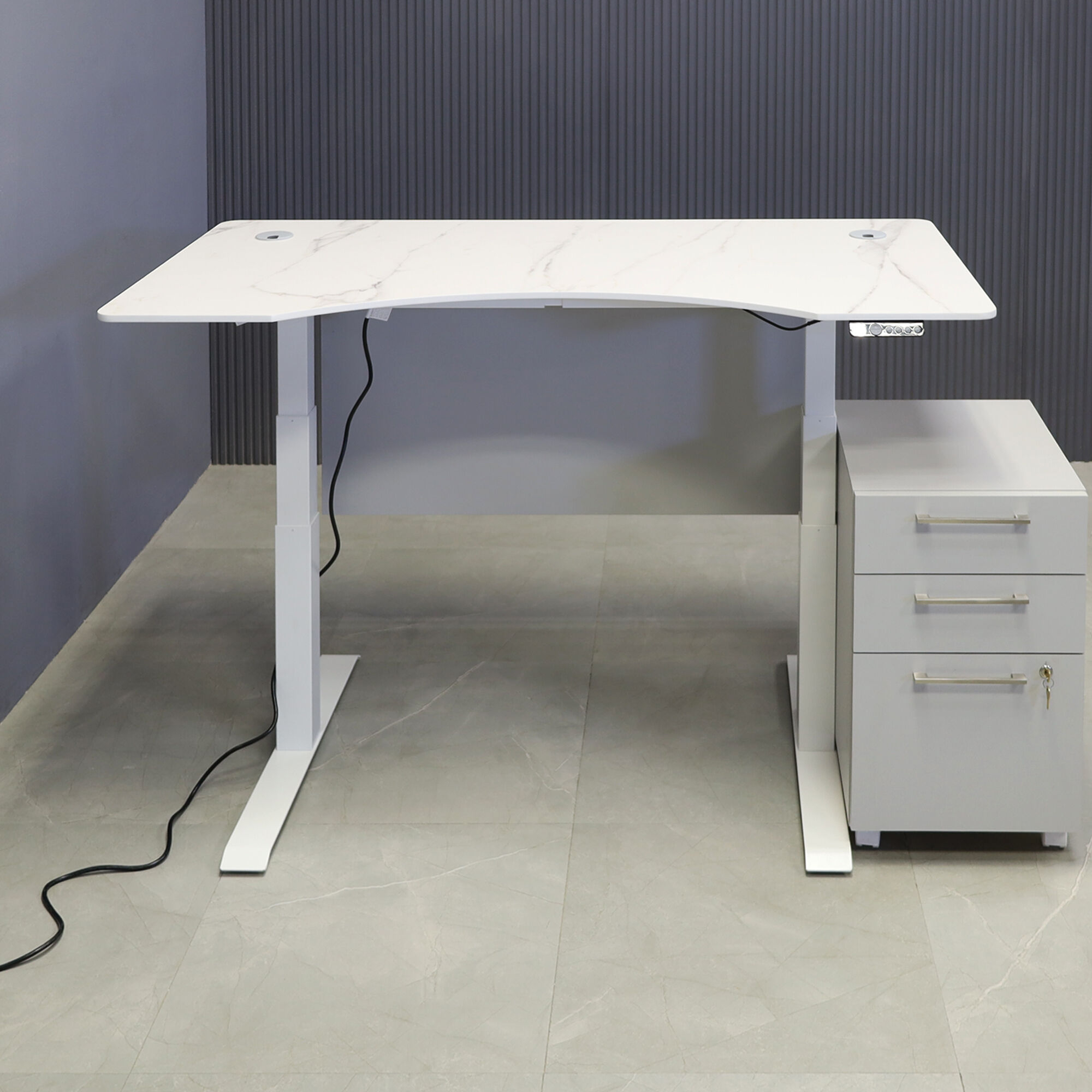 60-inch aXis Sit-stand Executive Desk with 1/2" solenne marble engineered surface top, folkstone gray matte laminate privacy panel and white metal legs shown here.