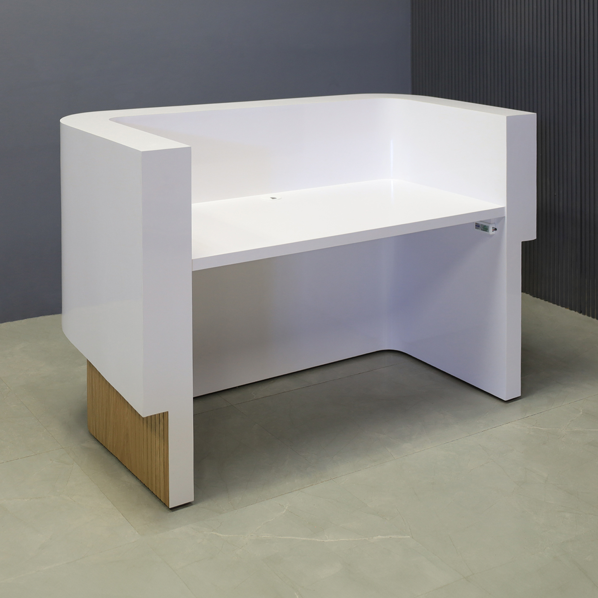 60-inch Nola Curved Custom Reception Desk in white matte laminate counter & inside desk, white oak tambour front desk, and warm white LED.