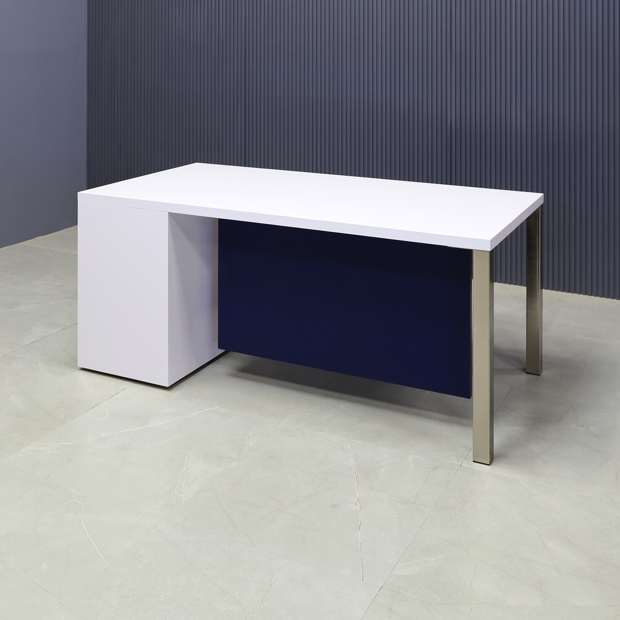 60-inch Dallas Straight Executive Desk with white gloss laminate top & cabinet, navy blue matte laminate privacy panel, and chromed legs.