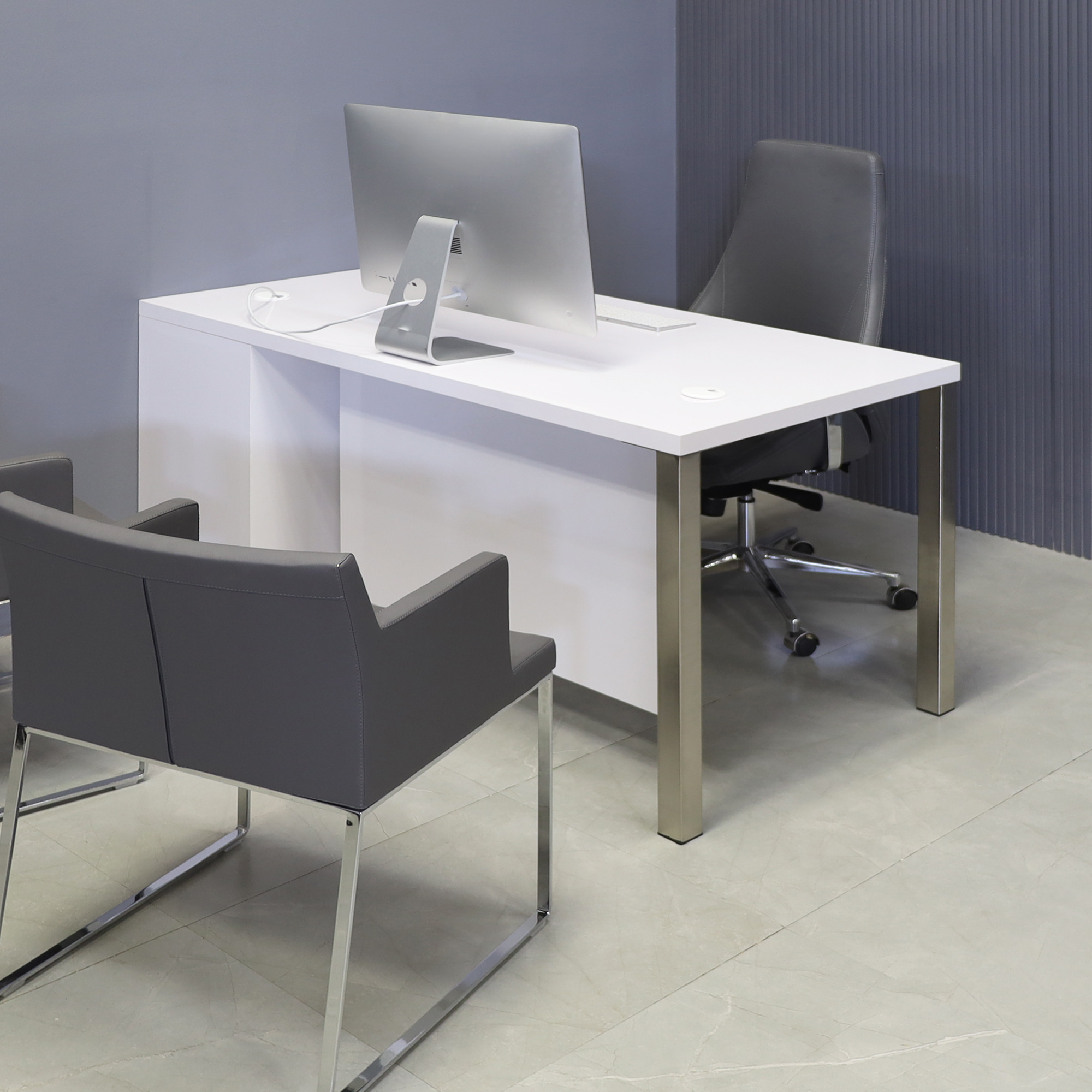 60-inch Dallas Straight Executive Desk with white gloss laminate top, storage & privacy panel, and brushed aluminum legs.