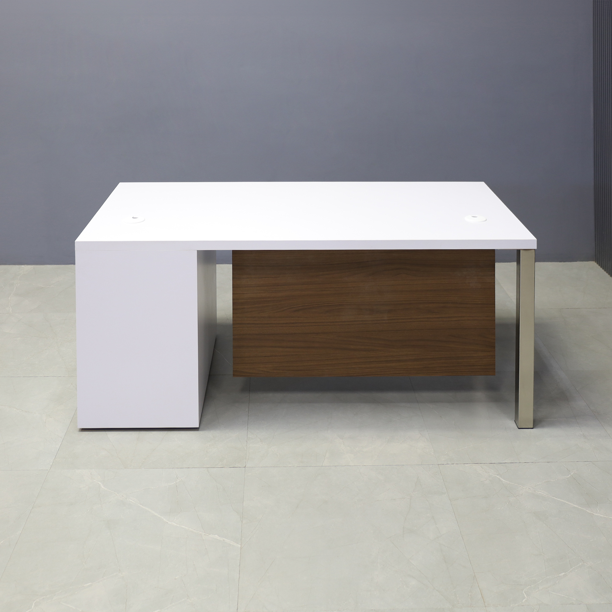 60-inch Dallas Straight Executive Desk with white matte laminate base, walnut heights matte laminate private panel, and brushed aluminum legs. 