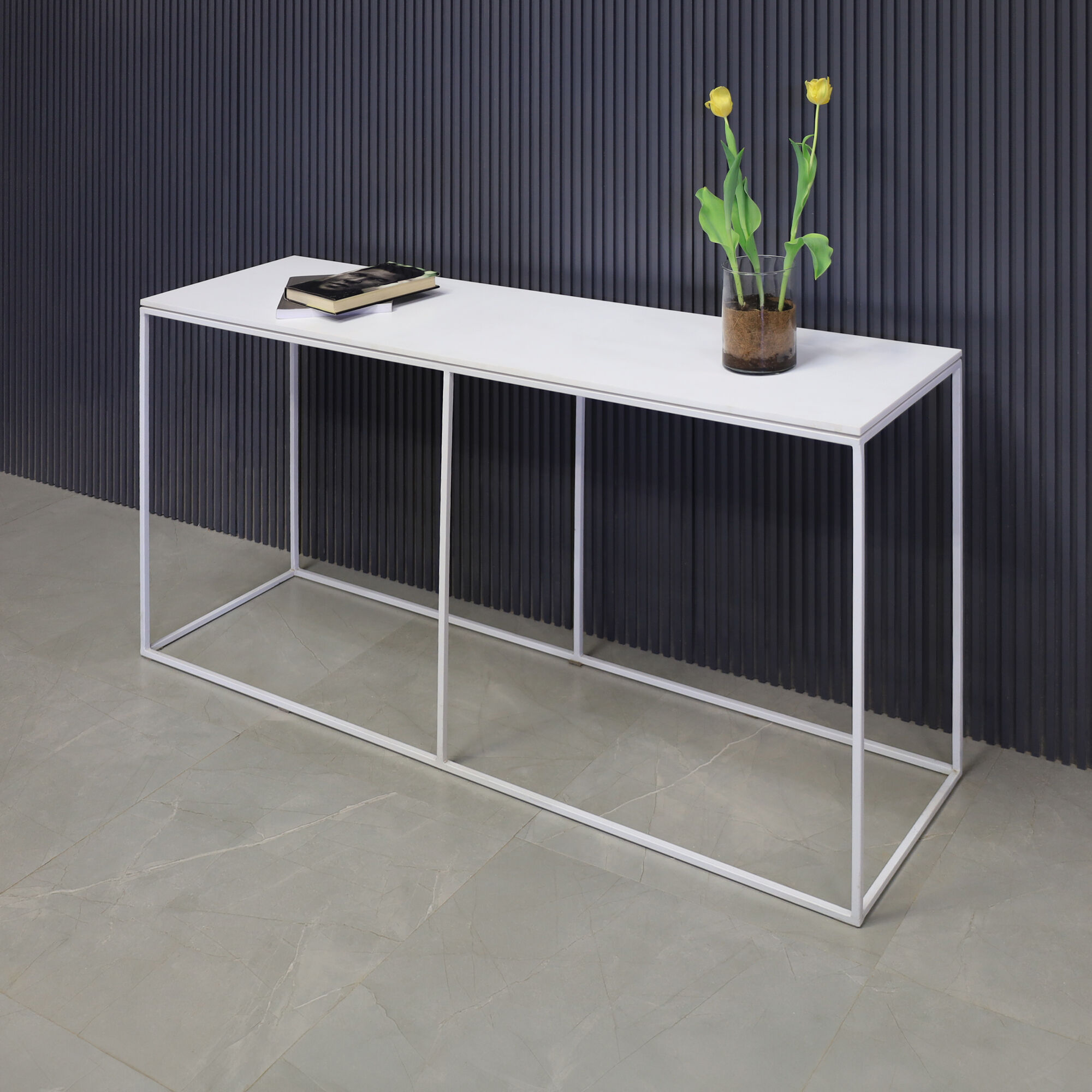 60-inch Aspen Console Table in 1/2" white solid engineered surface top and white metal frame, shown here.