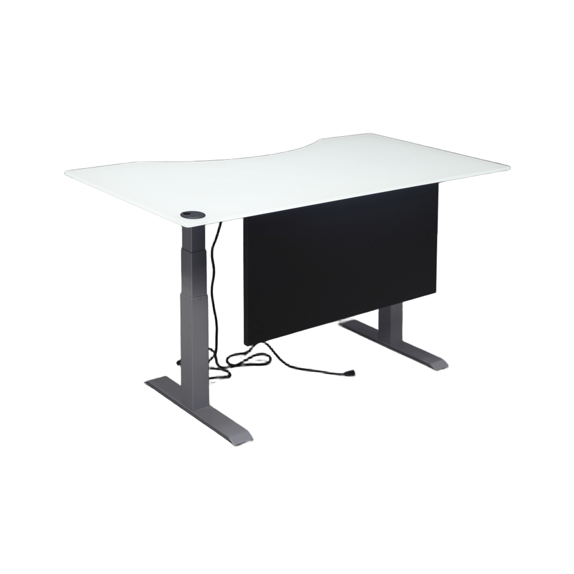 60-inch aXis Sit-stand Executive Desk with 1/2" white tempered glass top, black traceless laminate privacy panel and silver metal legs, shown here.