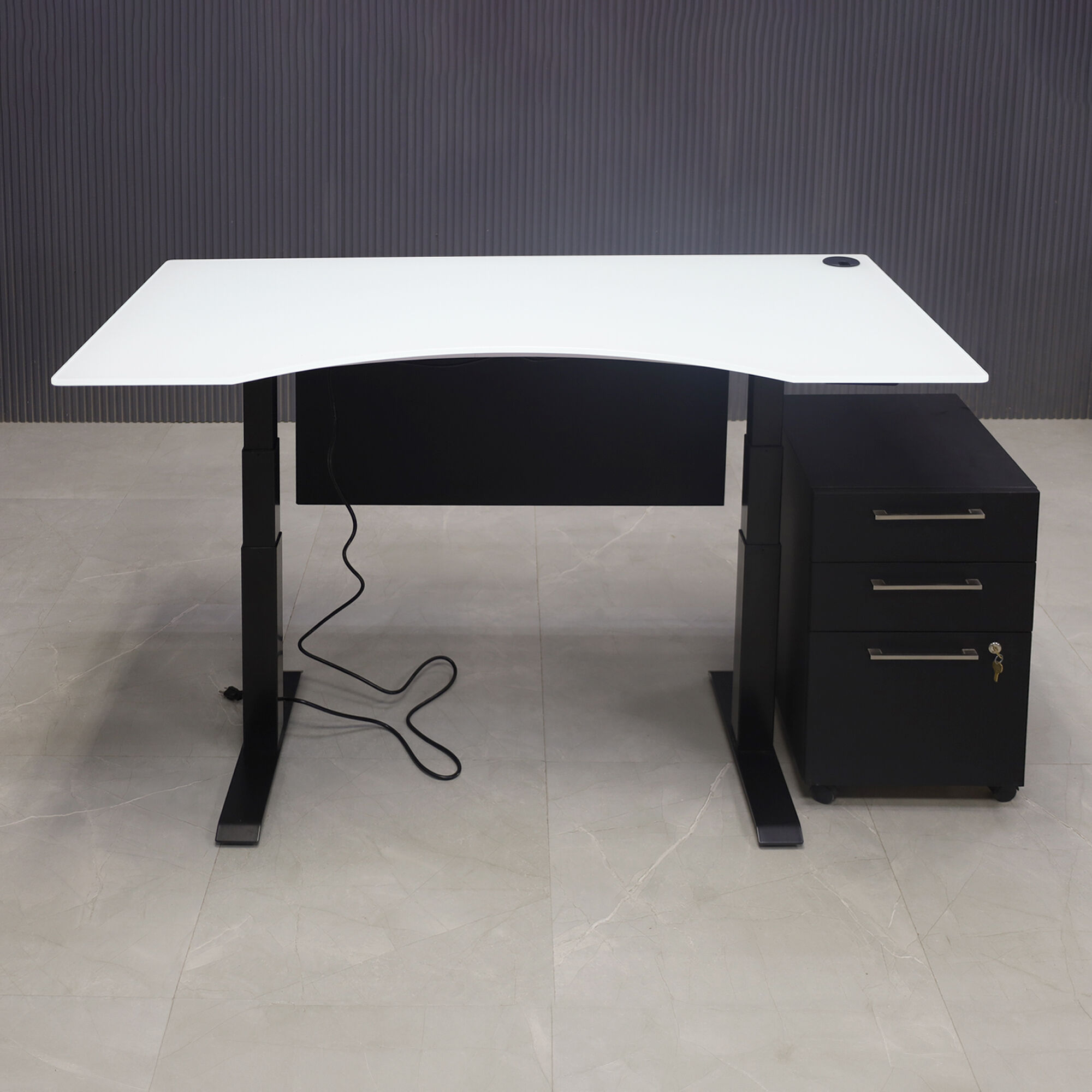 60-inch aXis Sit-stand Executive Desk with 1/2" white tempered glass top, black traceless laminate privacy panel and black metal legs, shown here.