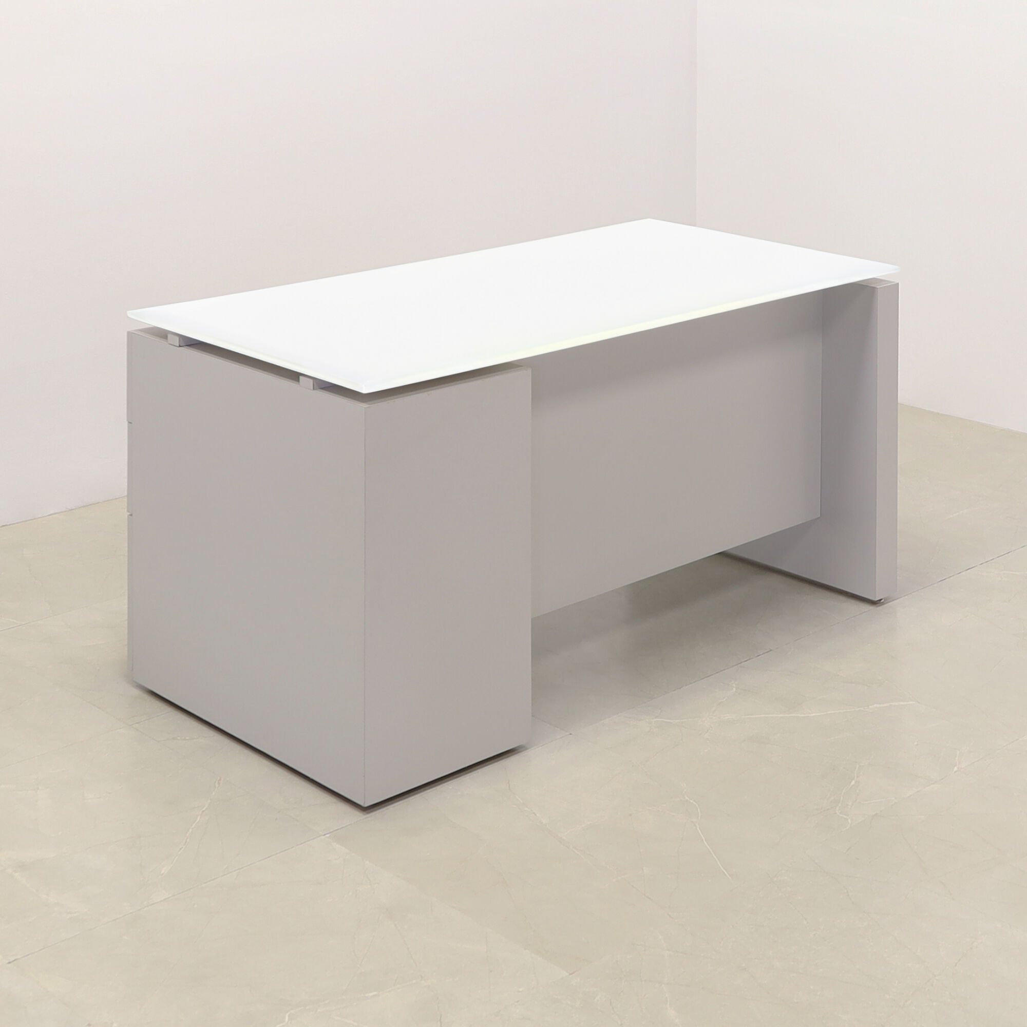60-inch Denver Straight Executive Desk with cabinet on right side when sitting, in 1/2" white tempered glass top and folkstone gray matte laminate base, storage & privacy panel, shown here.