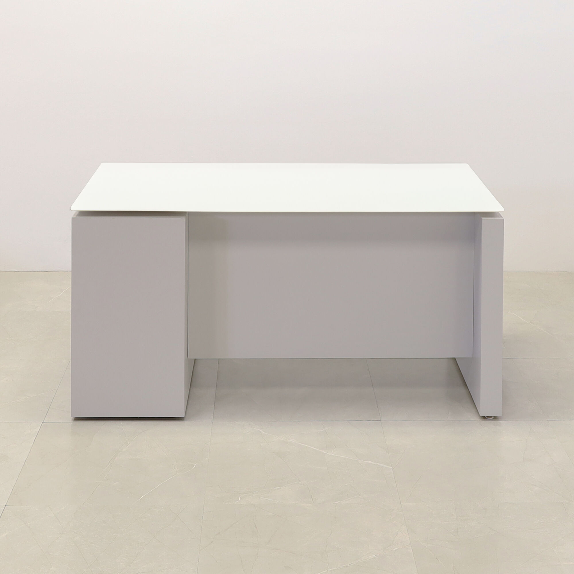 60-inch Denver Straight Executive Desk with cabinet on right side when sitting, in 1/2" white tempered glass top and folkstone gray matte laminate base, storage & privacy panel, shown here.