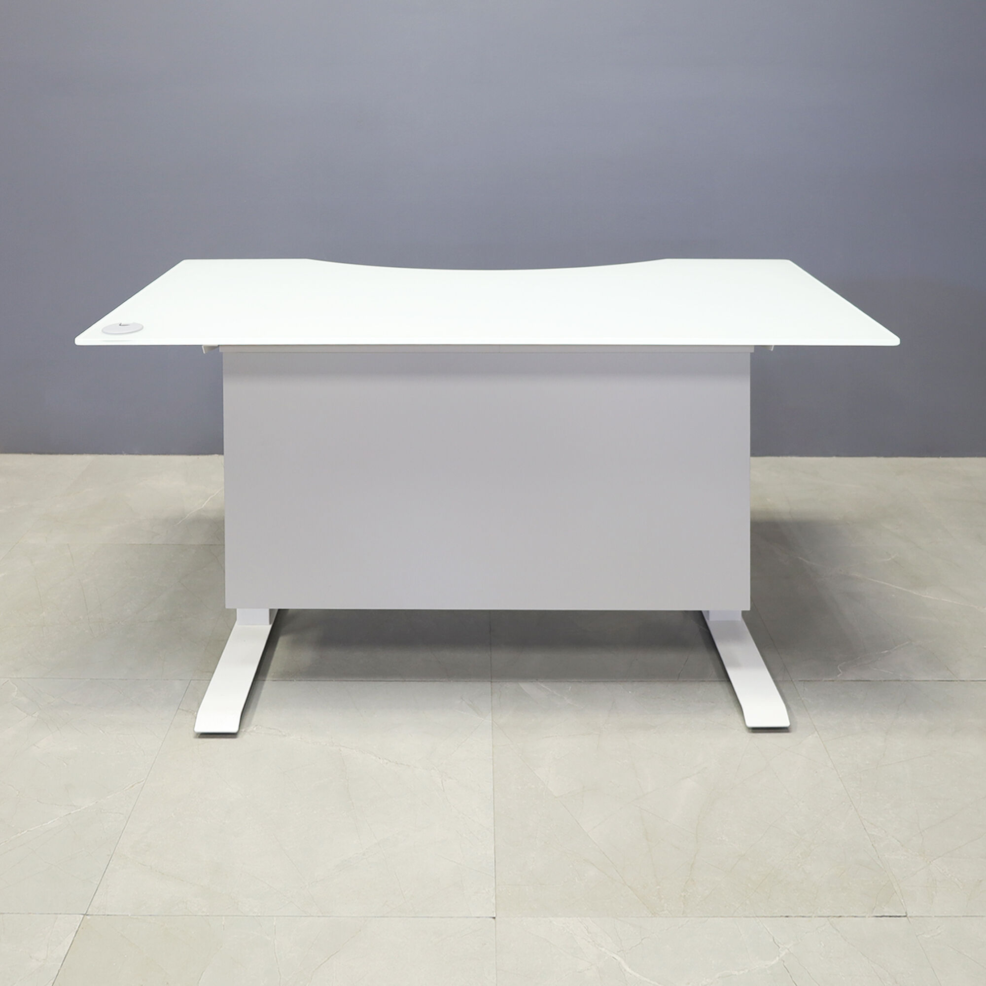 60-inch aXis Sit-stand Executive Desk with 1/2" white tempered glass top, folkstone gray matte laminate privacy panel and white metal legs, shown here.