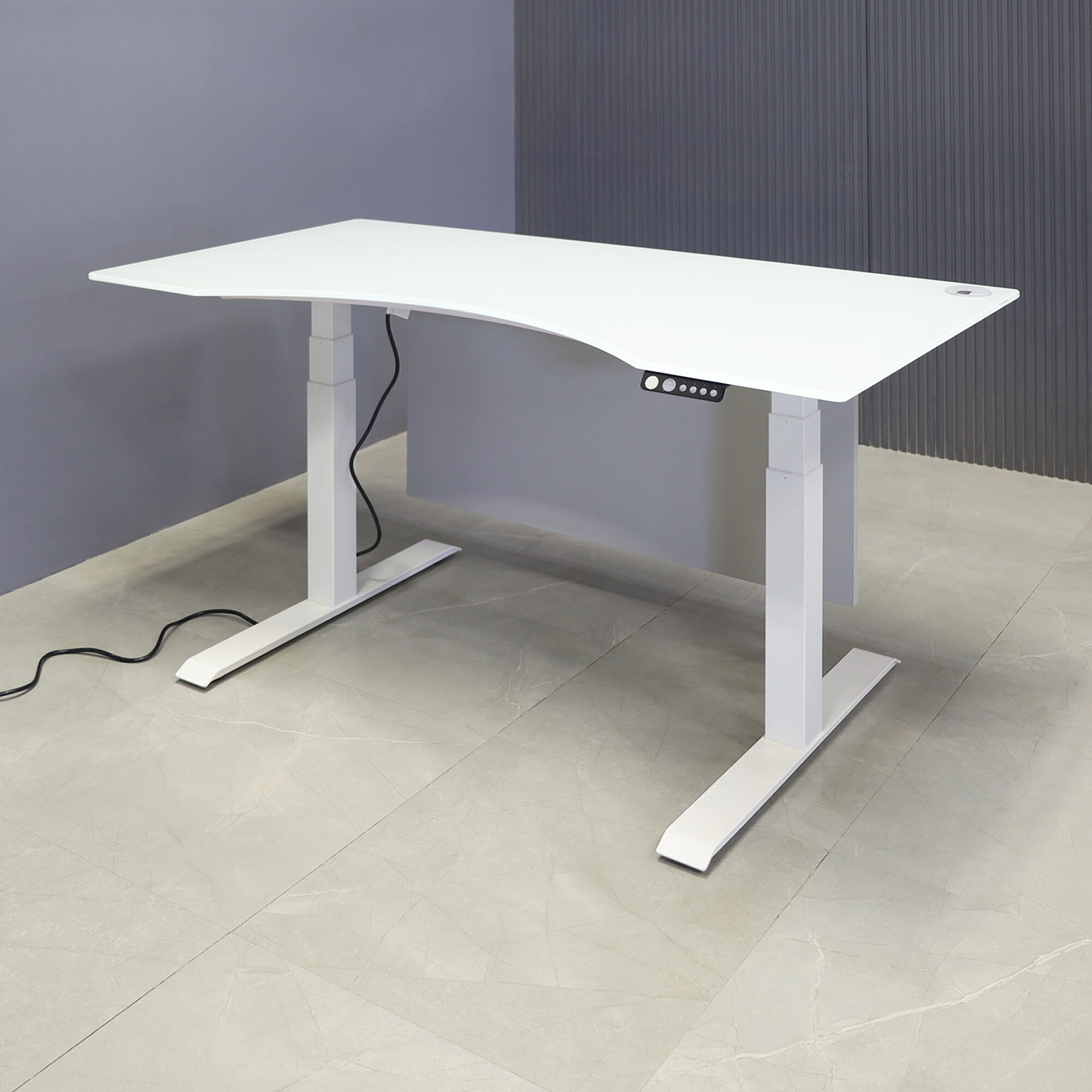 60-inch aXis Sit-stand Executive Desk with 1/2" white tempered glass top, folkstone gray matte laminate privacy panel and white metal legs, shown here.