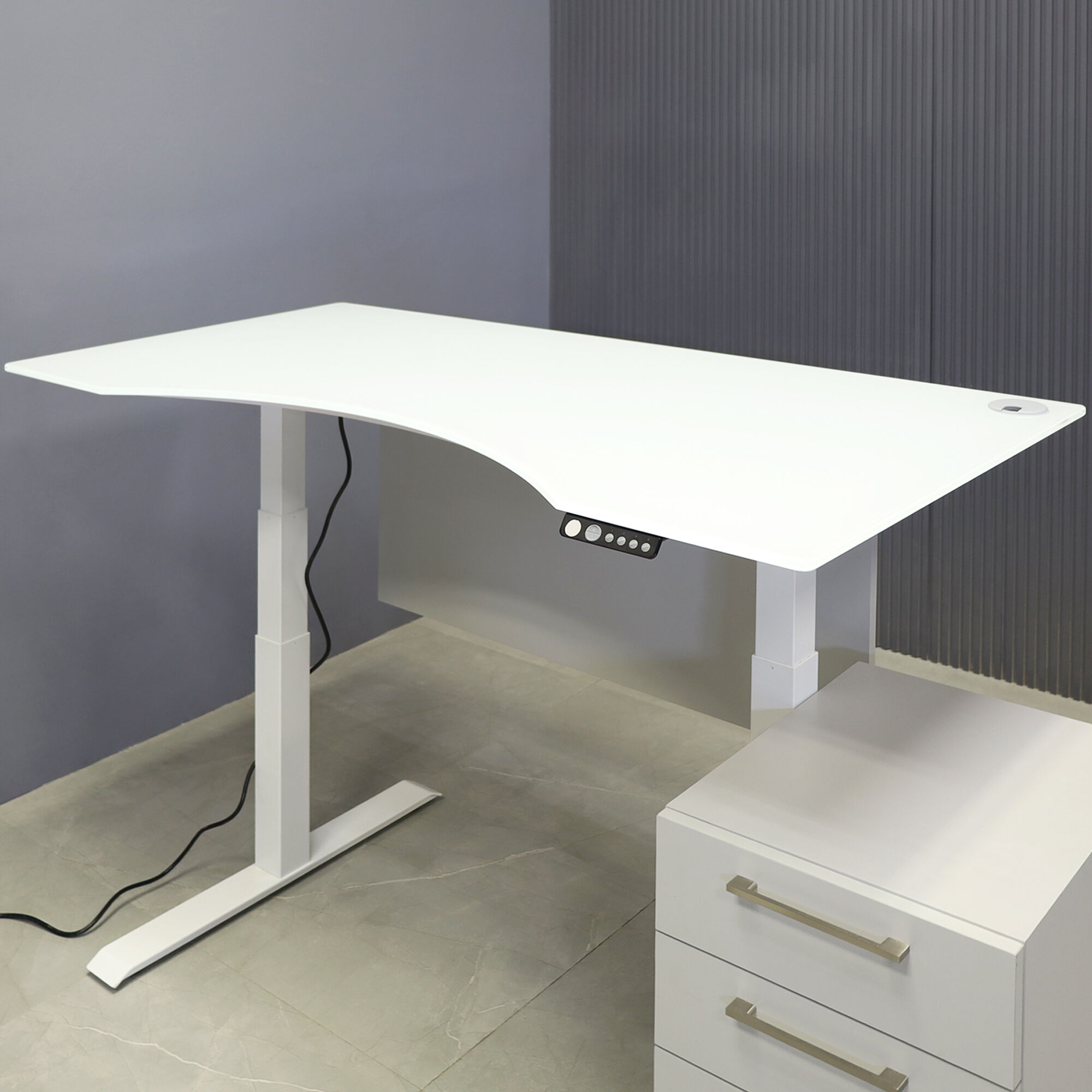 60-inch aXis Sit-stand Executive Desk with 1/2" white tempered glass top, folkstone gray matte laminate privacy panel and white metal legs, shown here.
