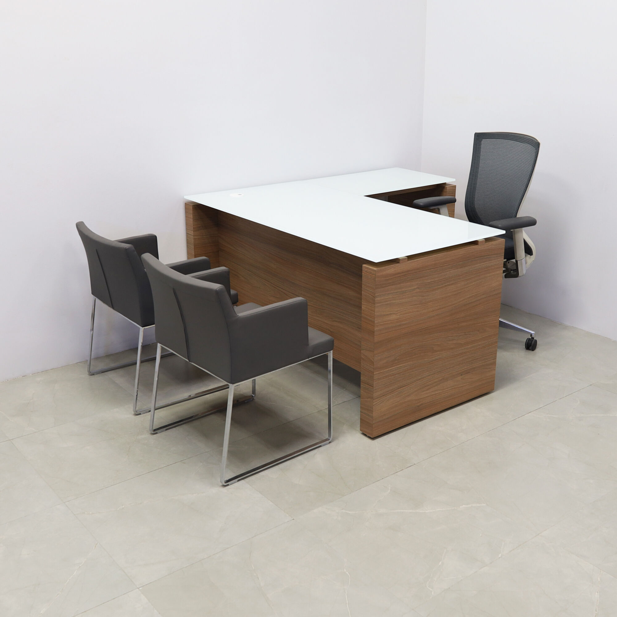 60-inch Denver L-Shape Executive Desk with return & cabinet on the right side when sitting, in 1/2" white tempered glass top, uptown walnut matte laminate base, cabinet & privacy panel, shown here.