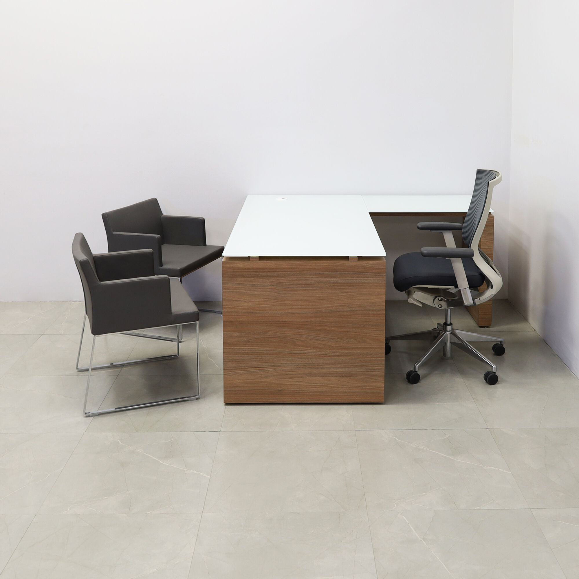 60-inch Denver L-Shape Executive Desk with return & cabinet on the right side when sitting, in 1/2" white tempered glass top, uptown walnut matte laminate base, cabinet & privacy panel, shown here.