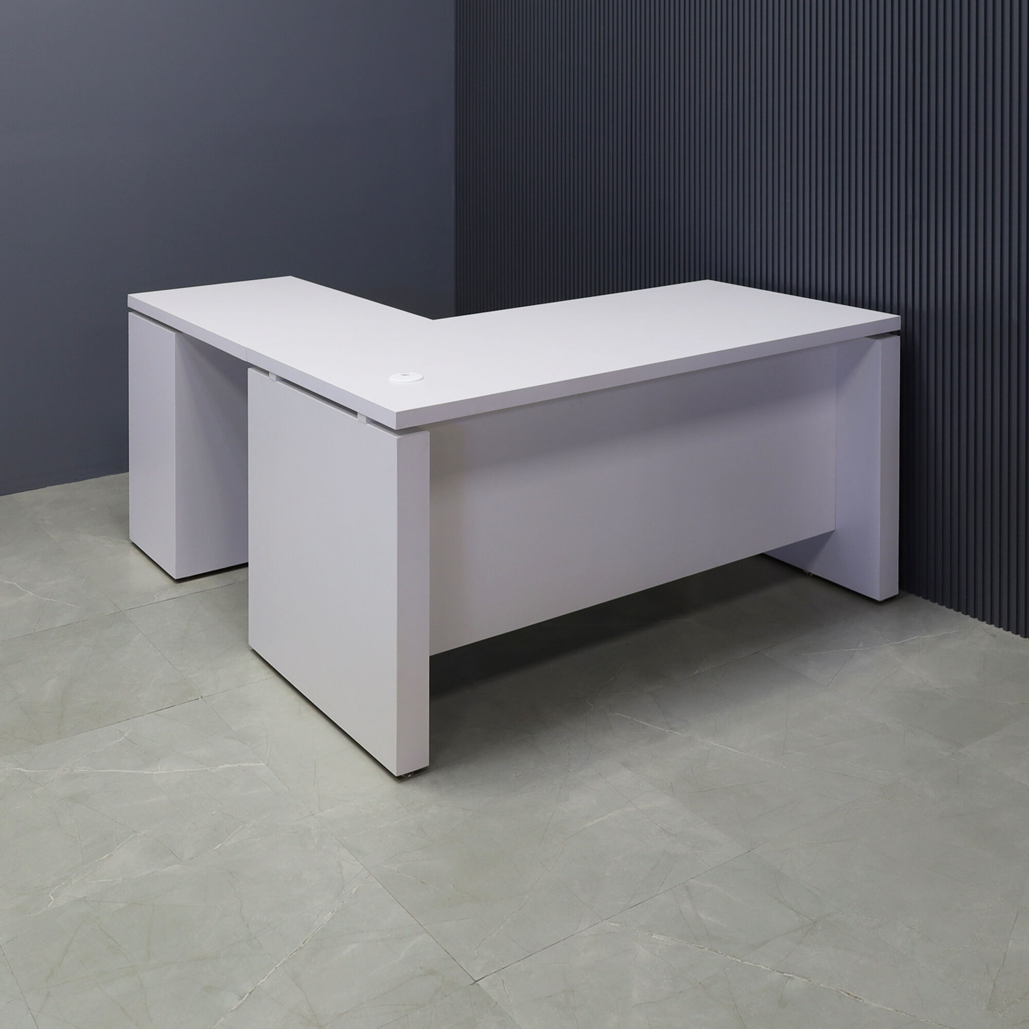 72-inch Denver L-Shape Executive Desk with cabinet & return on the right side when sitting, in white matte laminate top, base, cabinet & privacy panel, shown here.