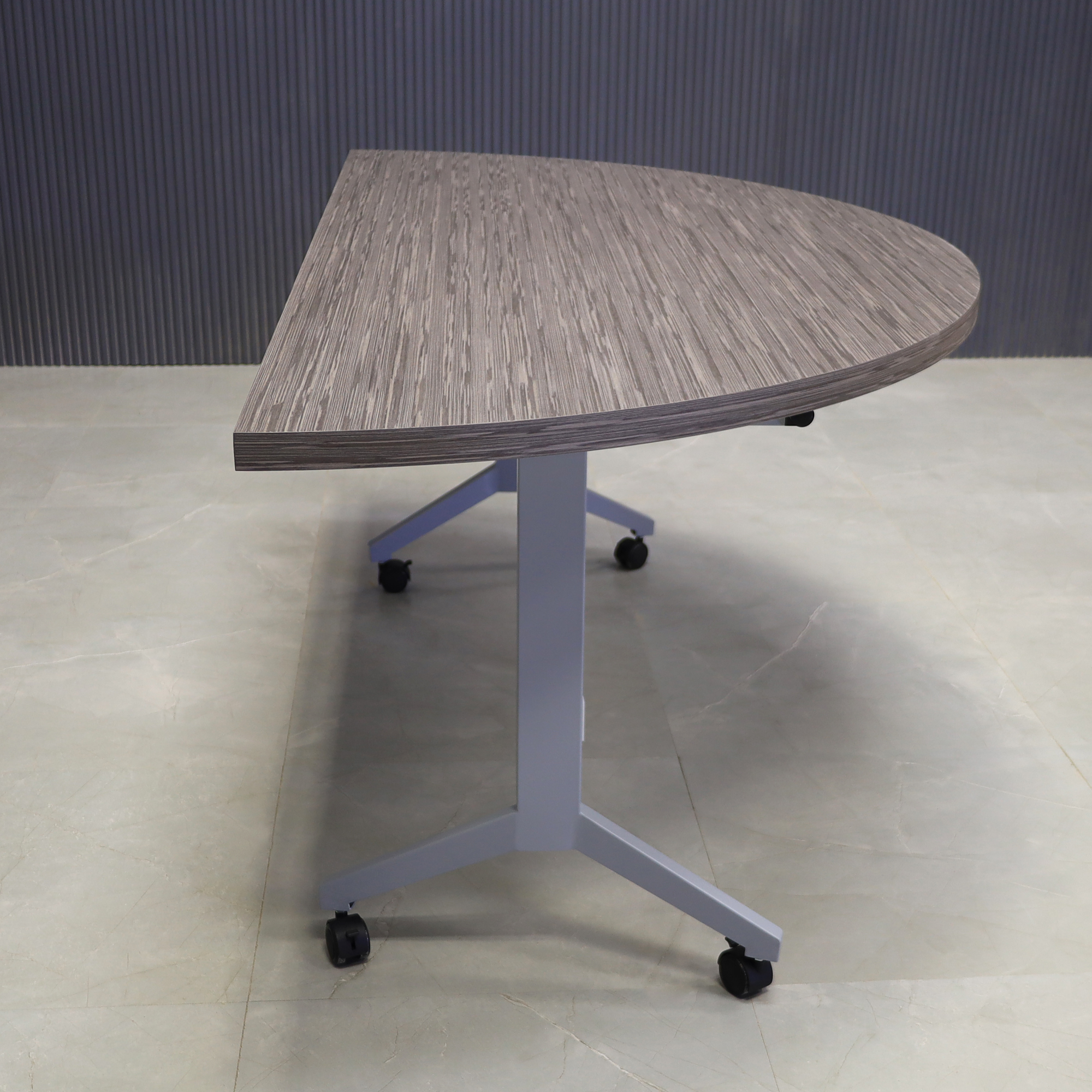 64-inch Westin Half Moon Training Table in special laminate top and silver metal frame shown here.