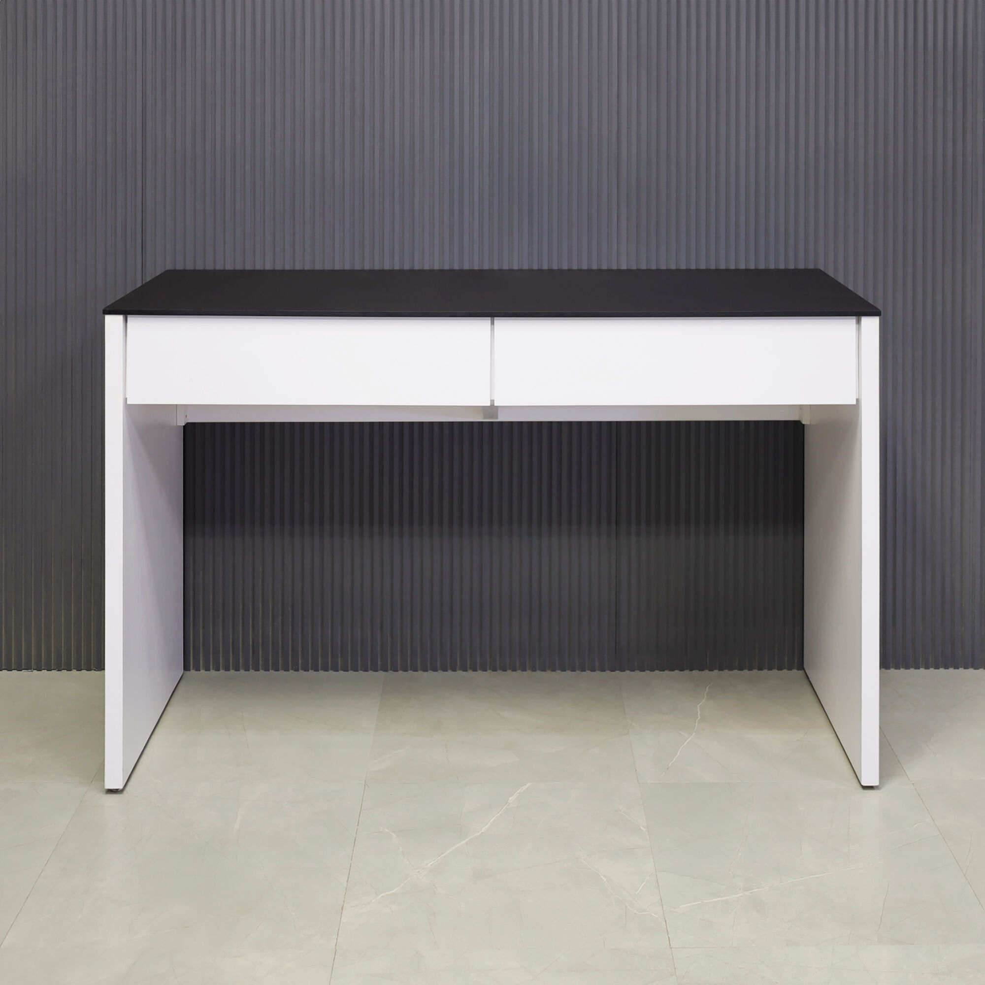 66-inch Ashville Bar Table in 1/2" Black traceless engineered surface top and white matte laminate base with two drawers, shown here.