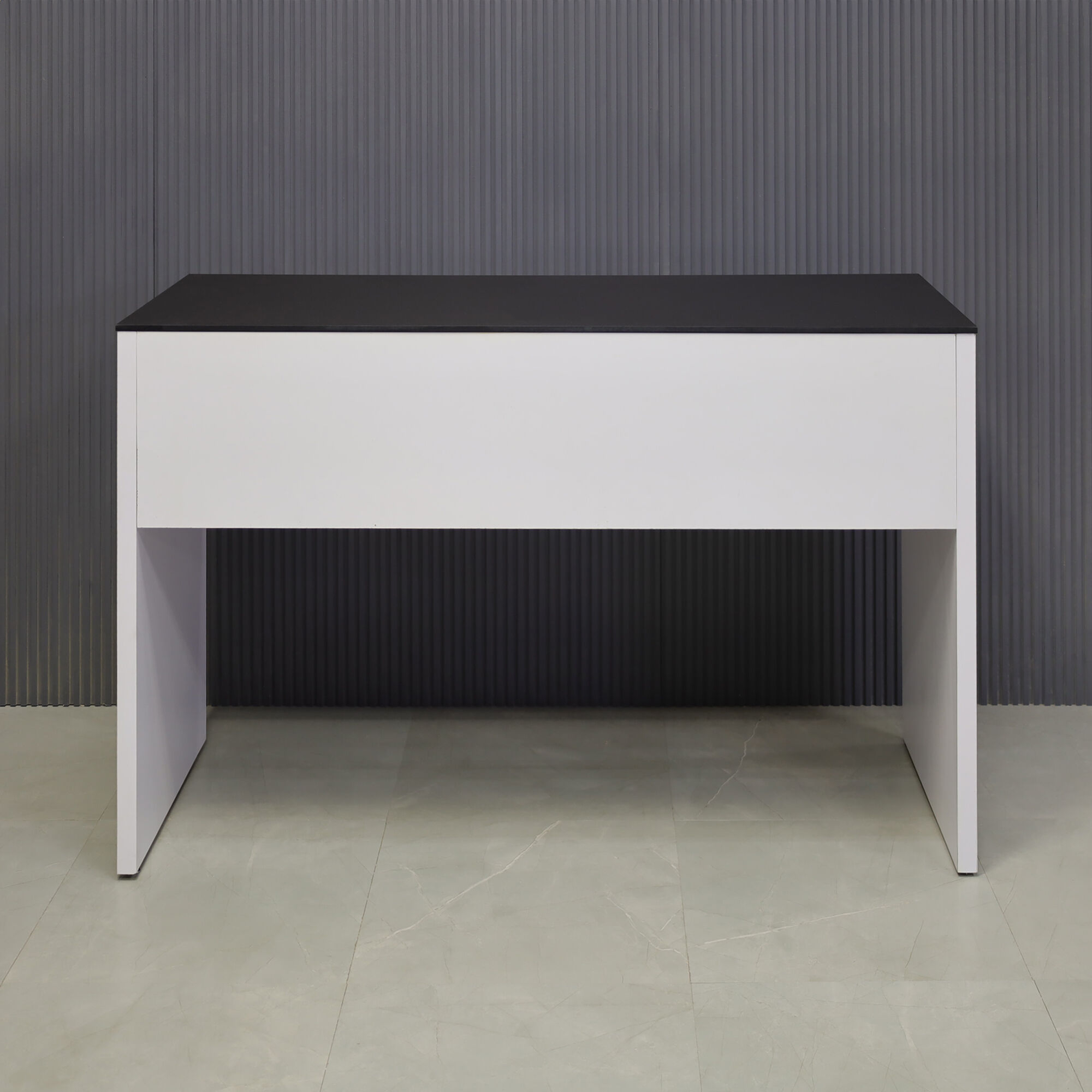 66-inch Ashville Bar Table in 1/2" Black traceless engineered surface top and white matte laminate base with two drawers, shown here.
