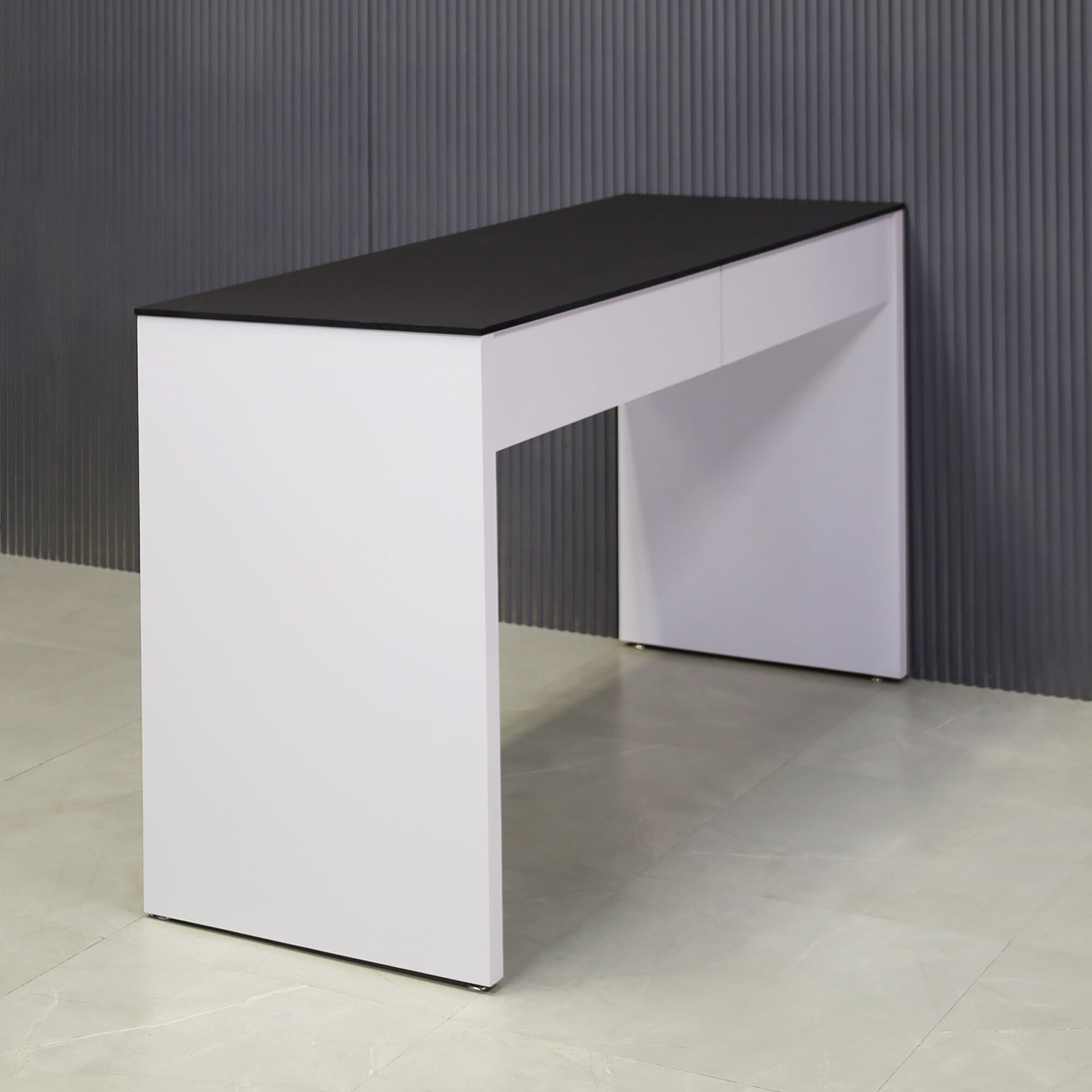 66-inch Ashville Bar Table in 1/2" Black traceless engineered surface top and white matte laminate base with two drawers, shown here.