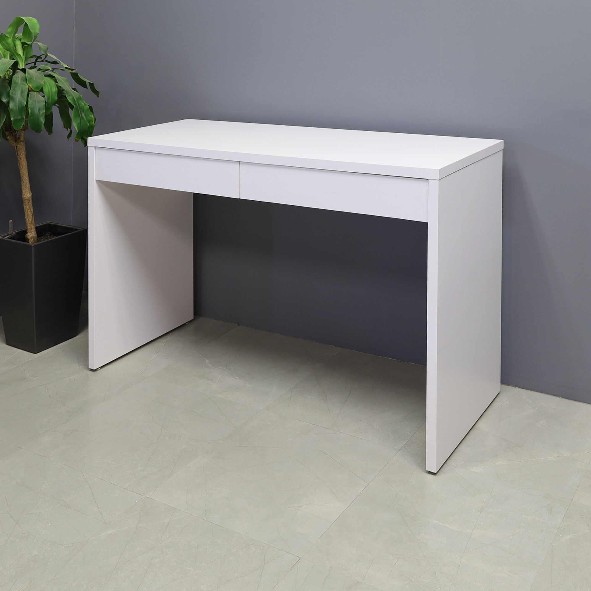 65-inch Ashville Bar Table with Storage in white matte laminate finish.
