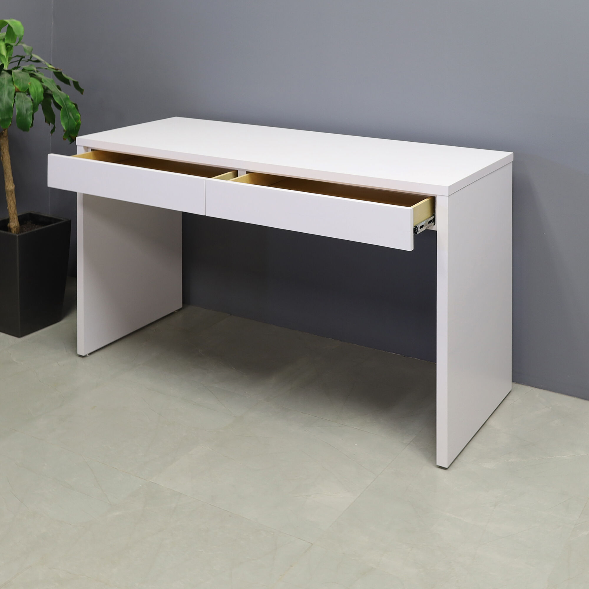 65-inch Ashville Bar Table with Storage in white matte laminate finish.