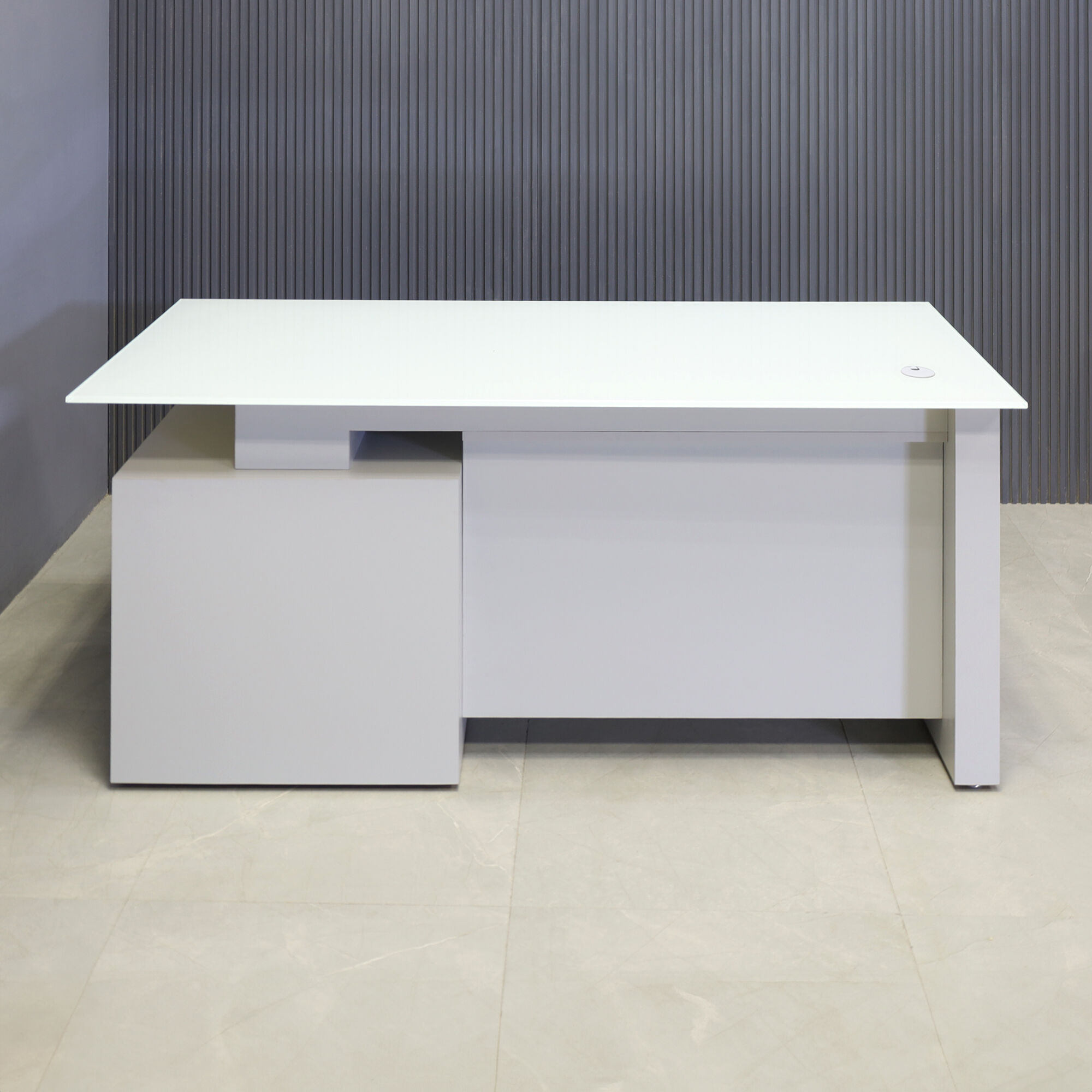 72-inch Avenue Straight Executive Desk with 1/2" white tempered glass top and folkstone gray matte laminate base & storage on right side when sitting with privacy panel, shown here.
