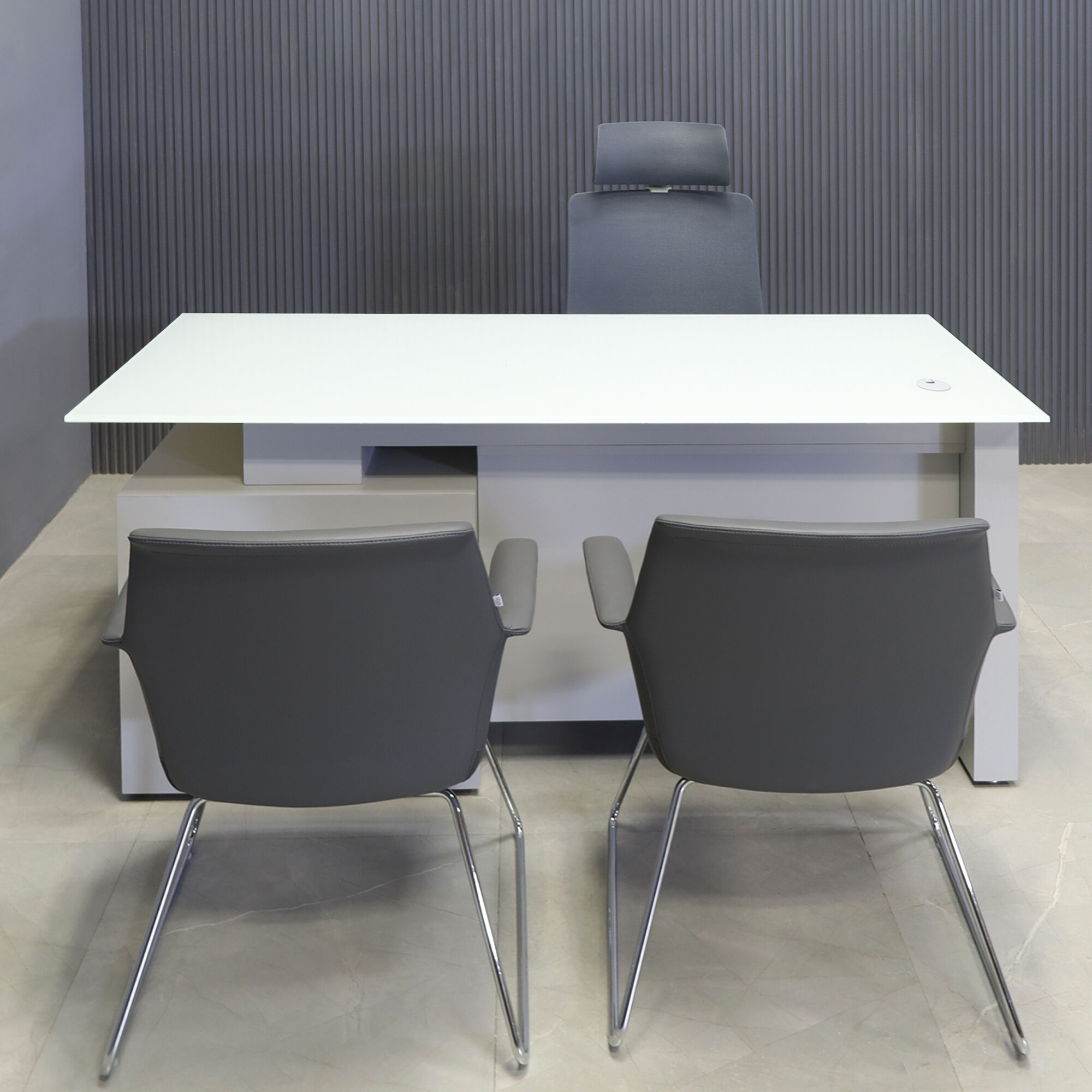 72-inch Avenue Straight Executive Desk with 1/2" white tempered glass top and folkstone gray matte laminate base & storage on right side when sitting with privacy panel, shown here.