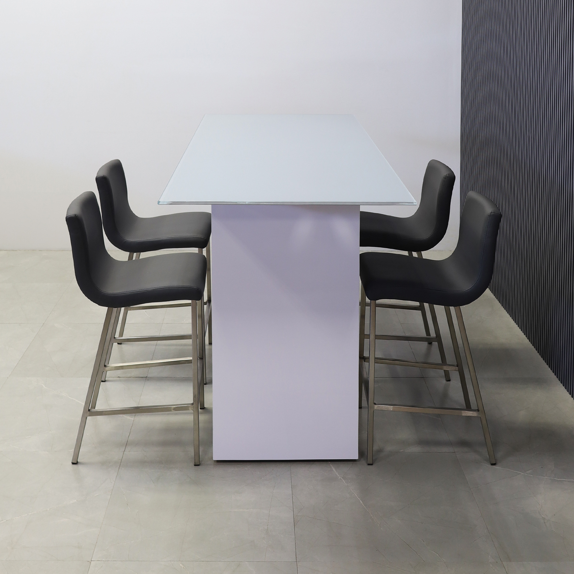 72-inch width x 42-height, Ashville Tempered Glass Collaboration Table in 1/2" baby blue tempered glass top and white gloss laminate base, shown here.