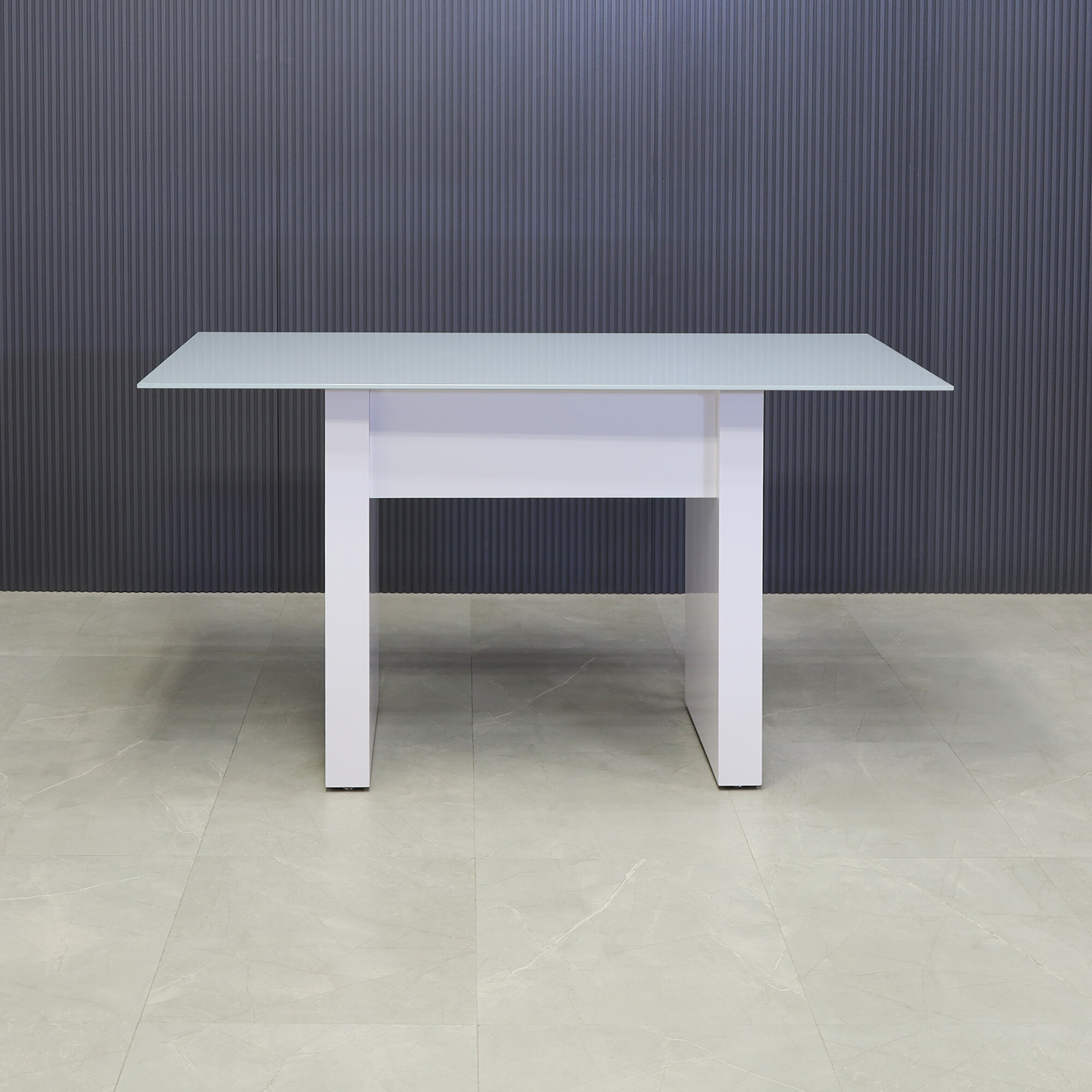 72-inch width x 42-height, Ashville Tempered Glass Collaboration Table in 1/2" baby blue tempered glass top and white gloss laminate base, shown here.