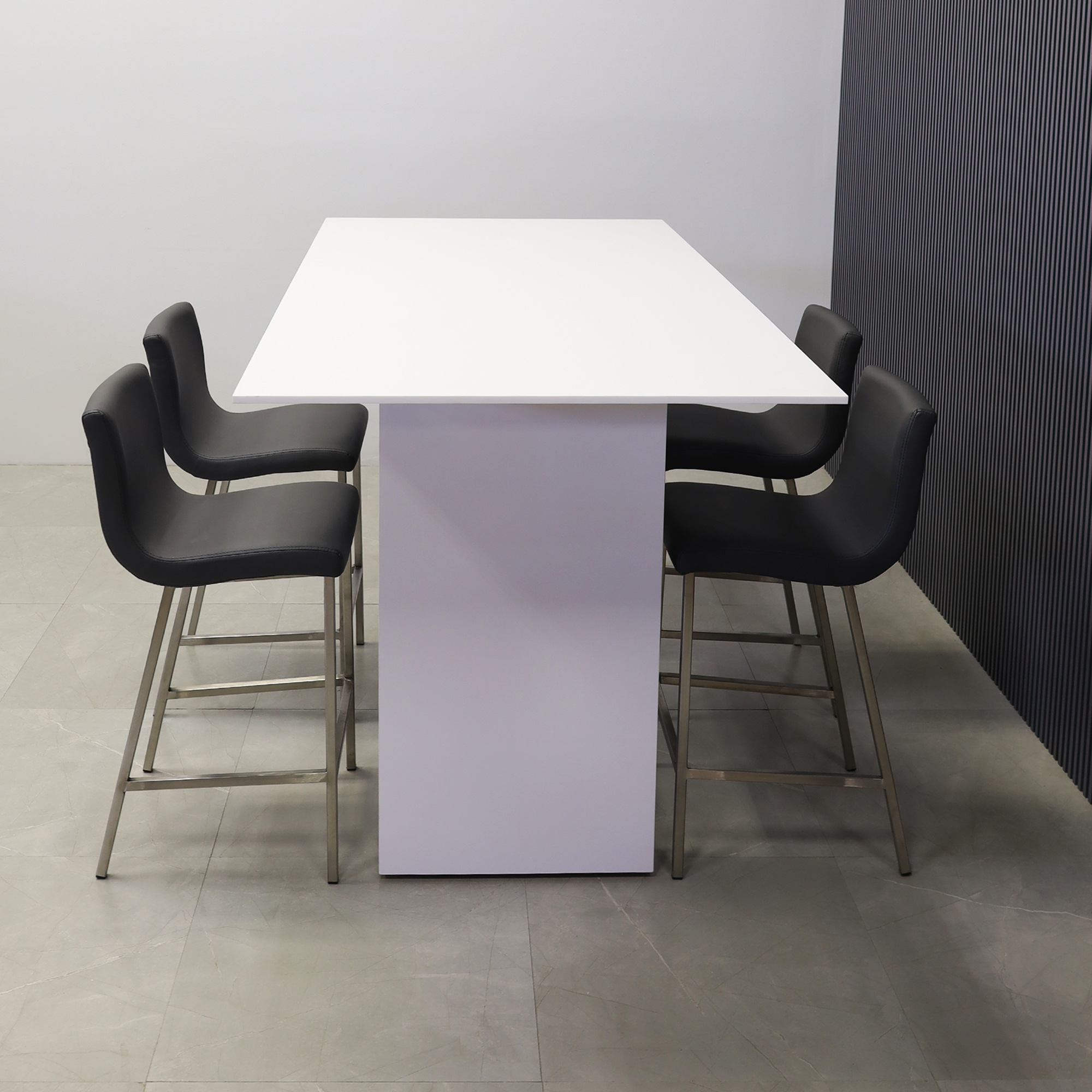 72-inch width x 42-inch height, Windsor Engineered Surface Top in 1/2" white solid engineered surface top and white gloss laminate base, shown here.