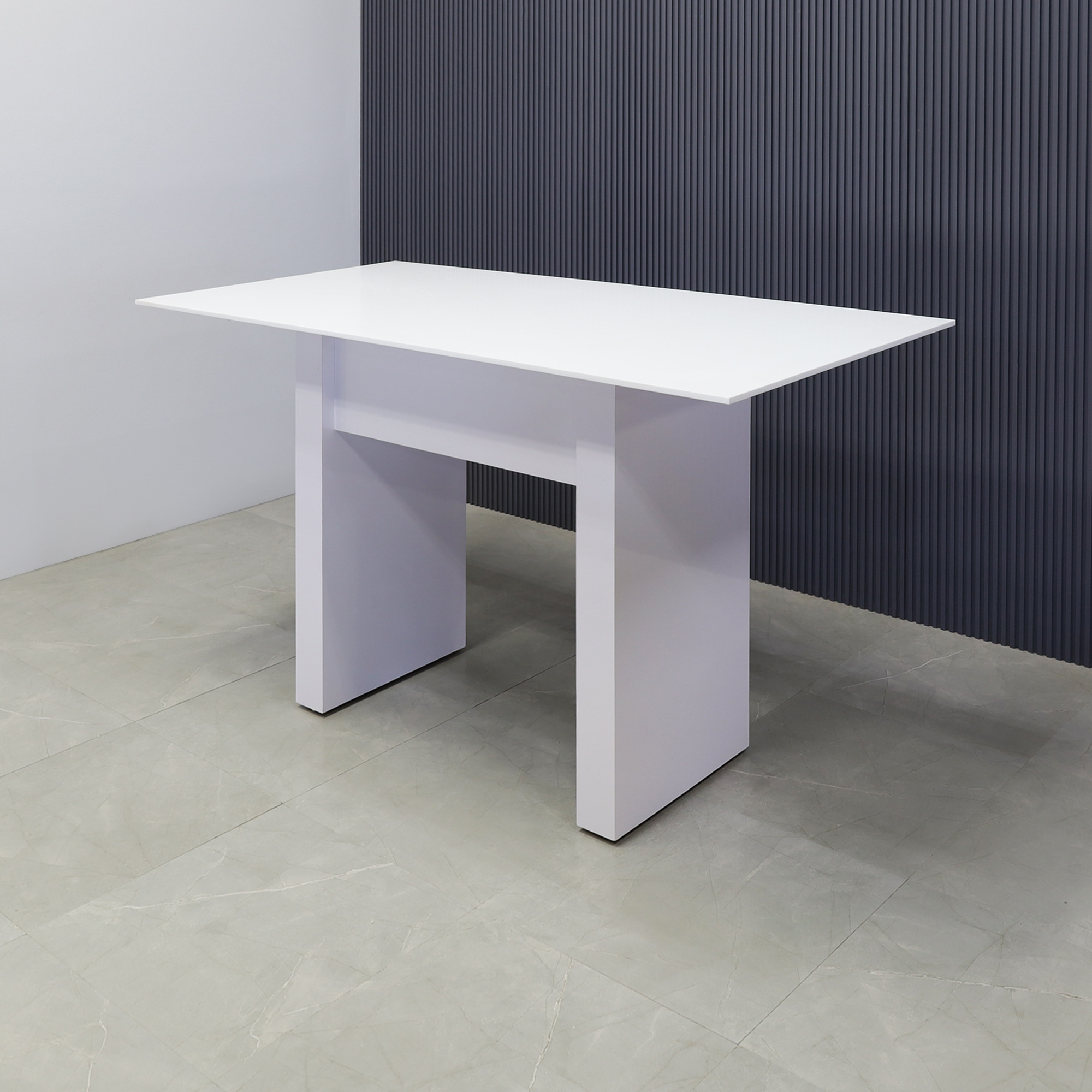 72-inch width x 42-inch height, Windsor Engineered Surface Top in 1/2" white solid engineered surface top and white gloss laminate base, shown here.