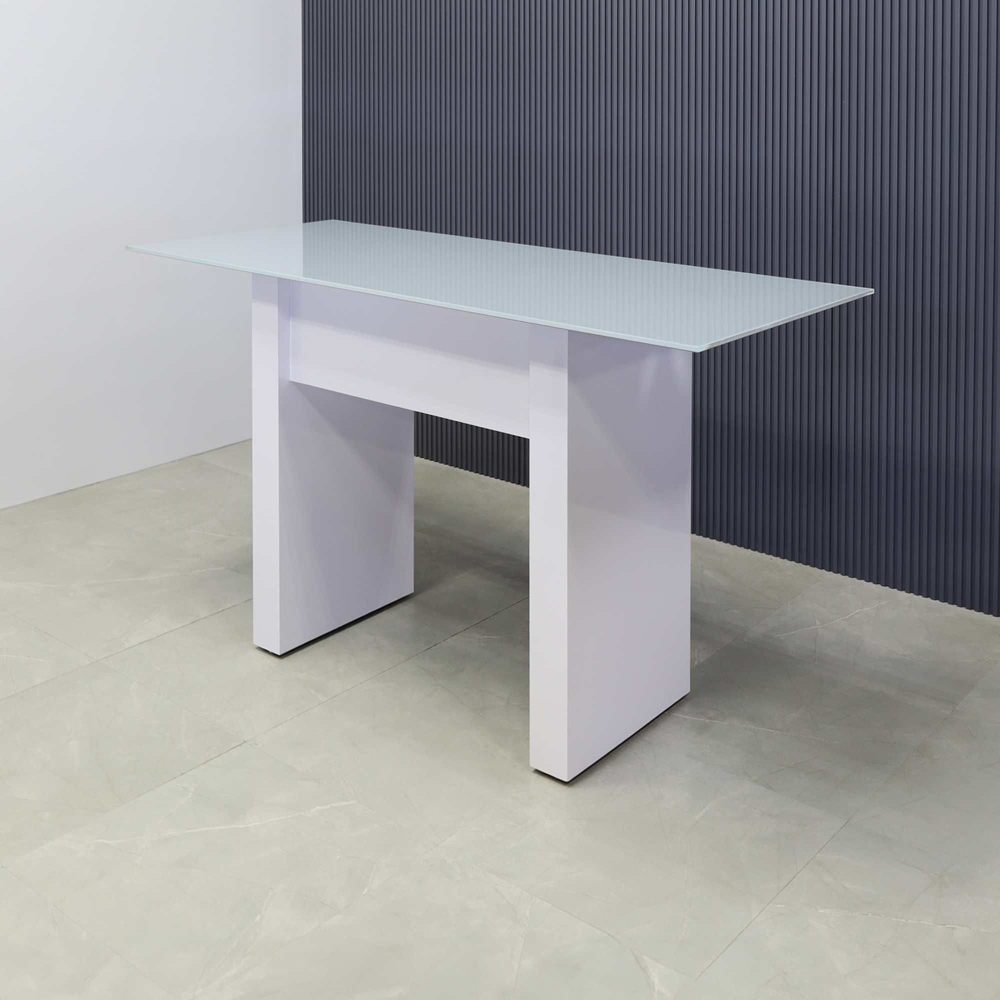 Windsor Tempered Glass Bar Table in baby blue top and white gloss laminate base finish shown here.