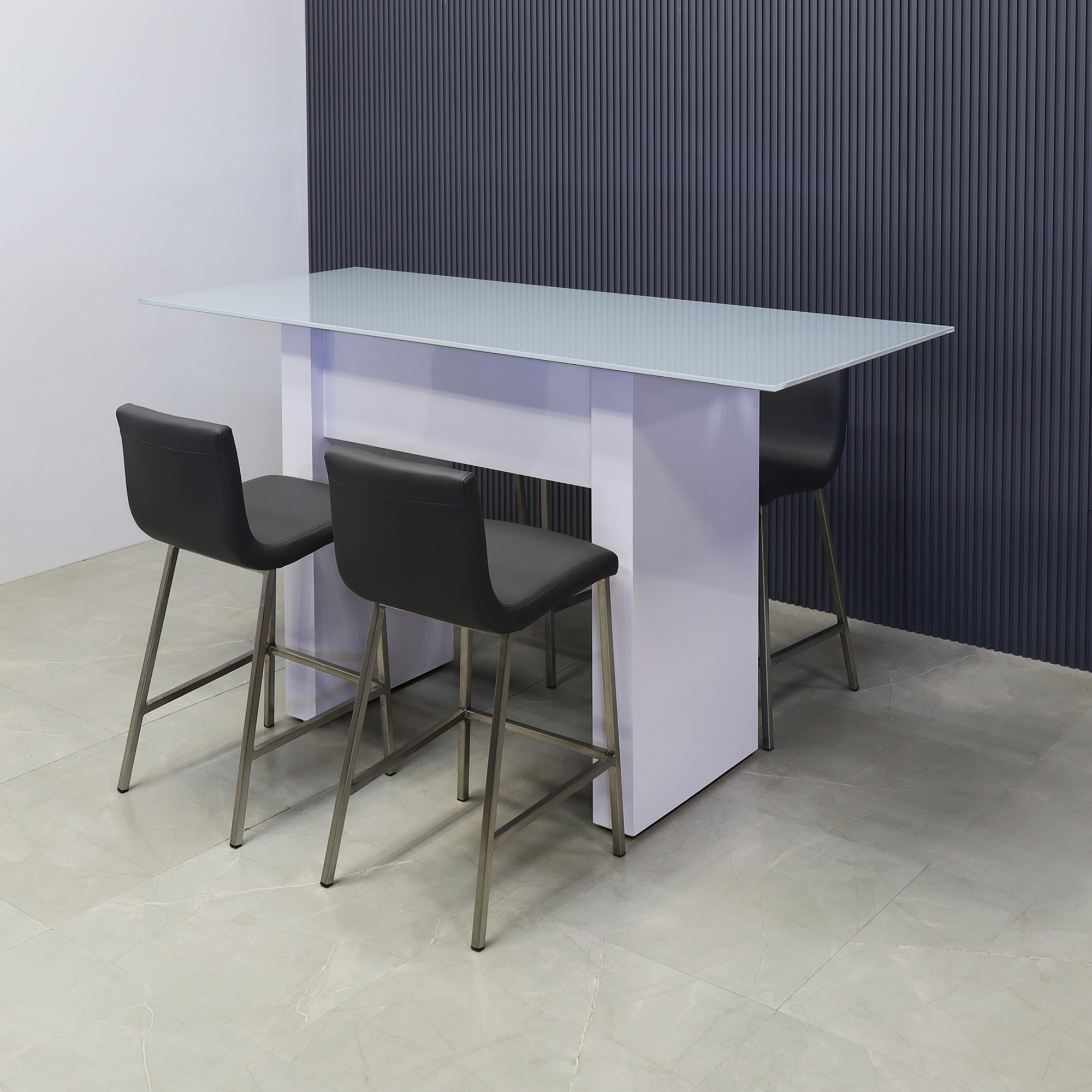 Windsor Tempered Glass Bar Table in baby blue top and white gloss laminate base finish shown here.