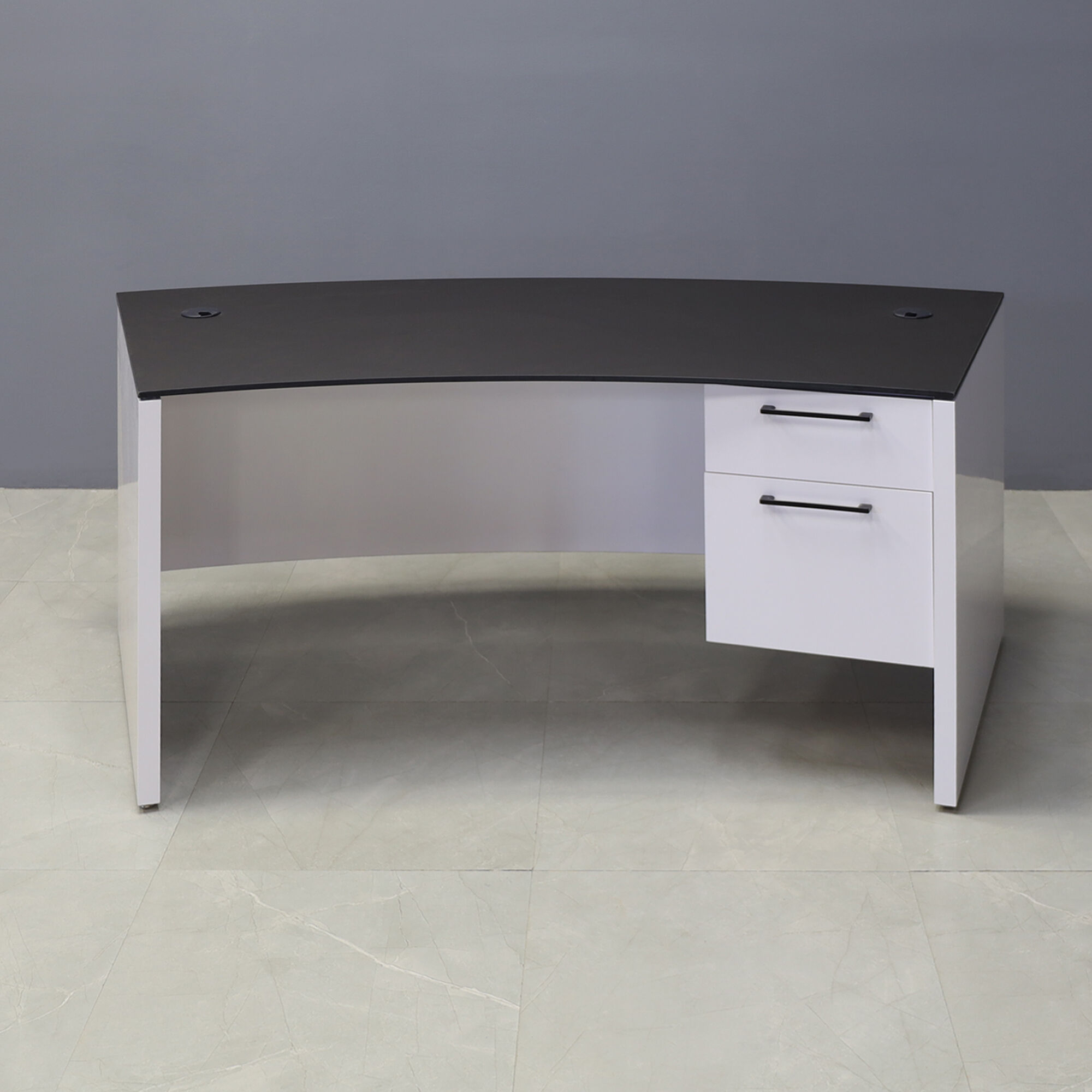 72-inch Seattle Curved Executive Desk with 1/2" Black traceless engineered surface top and white gloss laminate base & storage, shown here.