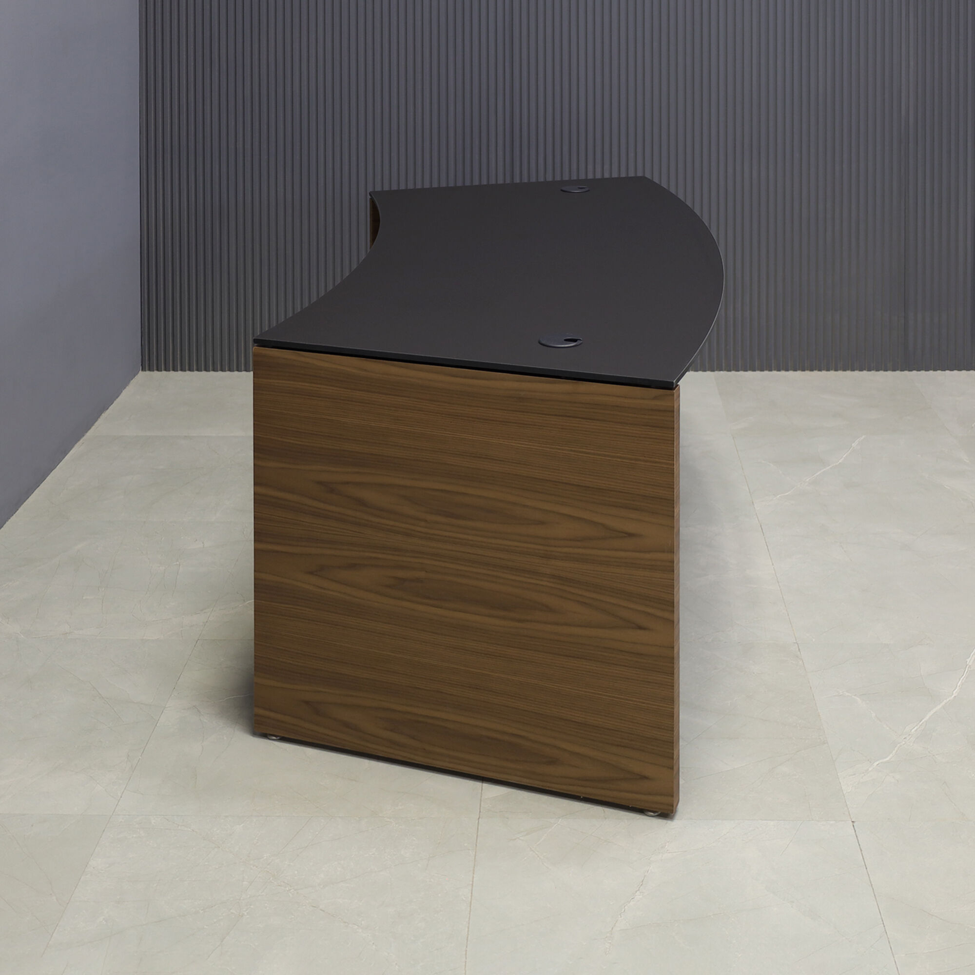 72-inch Seattle Curved Executive Desk with 1/2" Black traceless engineered surface top and walnut veneer base & storage, shown here.
