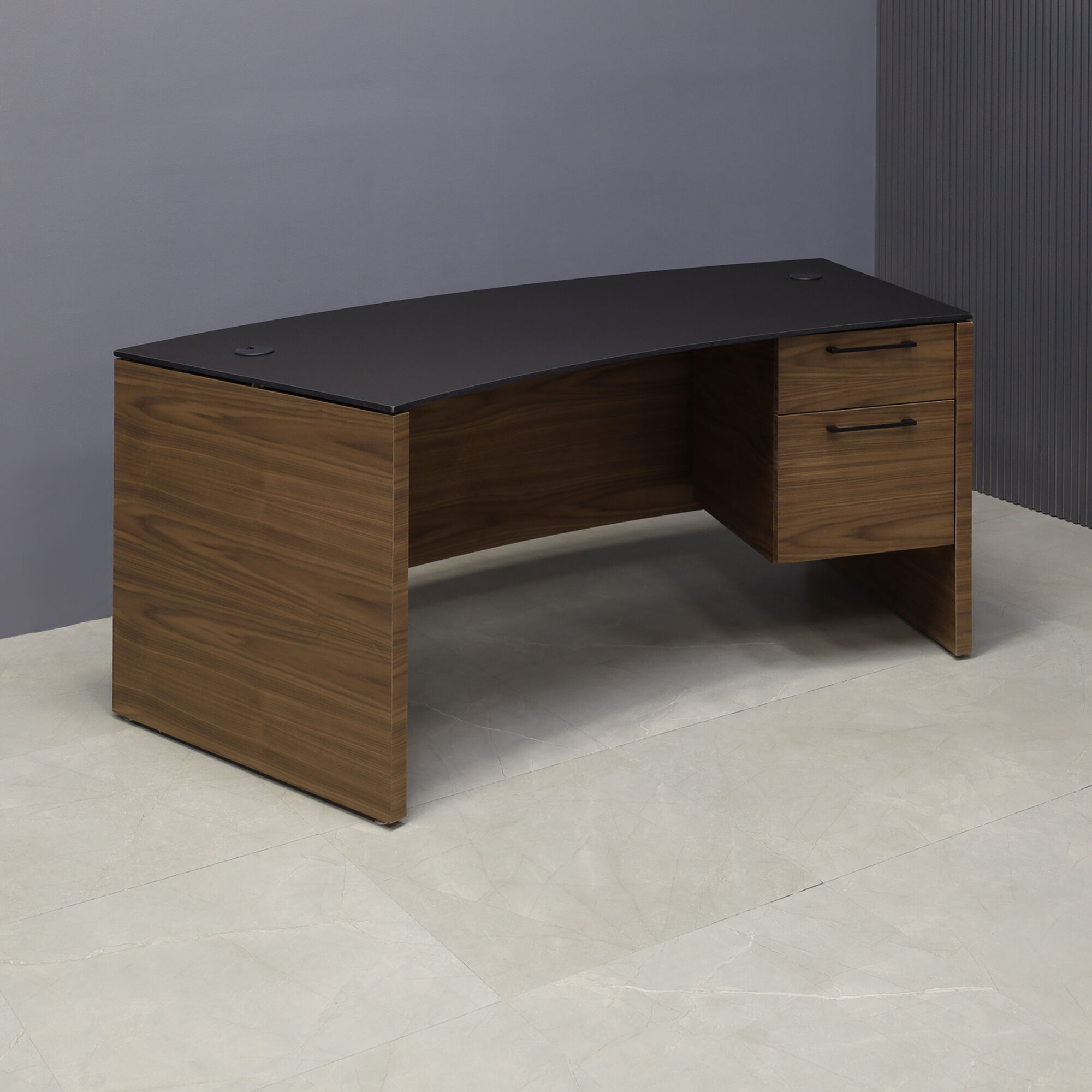 72-inch Seattle Curved Executive Desk with 1/2" Black traceless engineered surface top and walnut veneer base & storage, shown here.