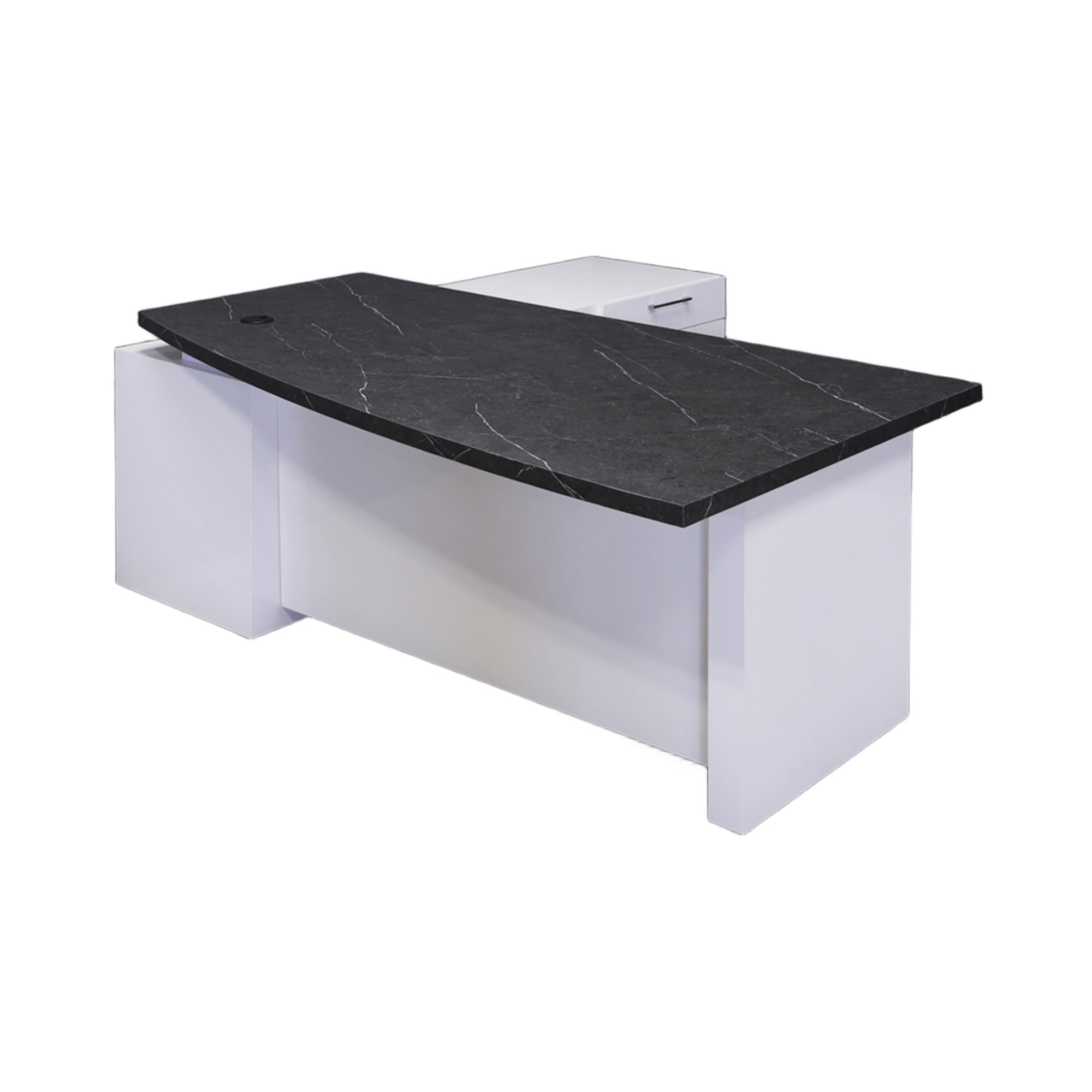 72-inch Avenue Curved Executive Desk w/ Credenza in black stone PVC top and white gloss laminate base, credenza and privacy panel, shown here.