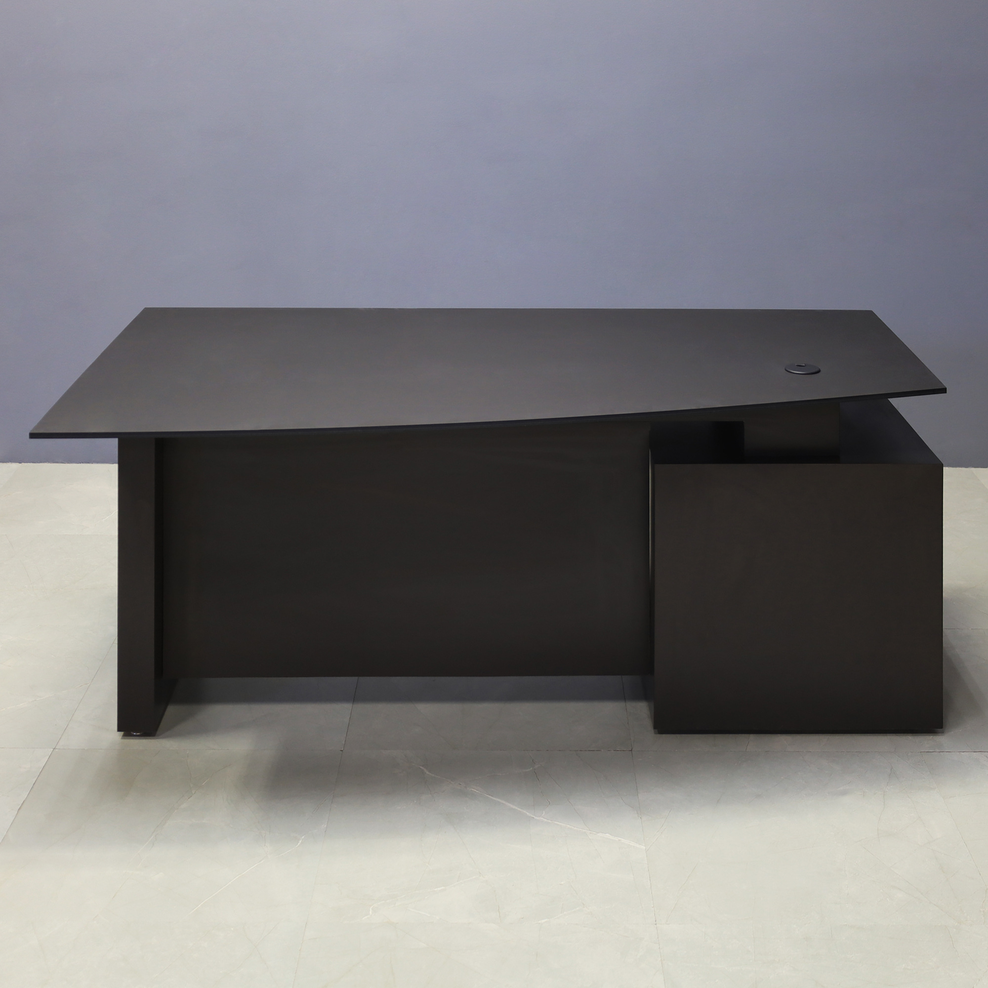 72-inch Avenue Curved Executive Desk with black traceless engineered surface top, graphite matte laminate base, storage & privacy panel.