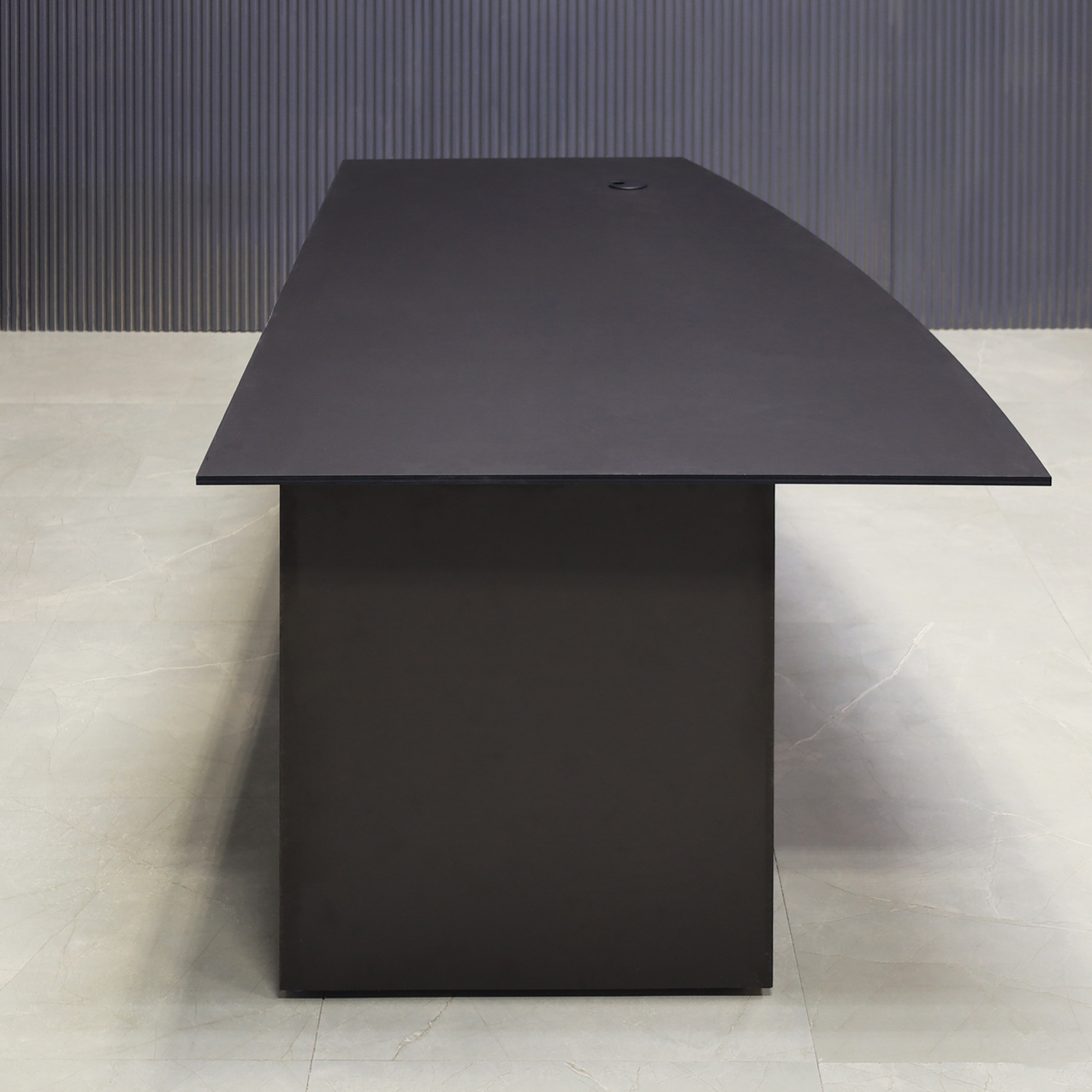 72-inch Avenue Curved Executive Desk with black traceless engineered surface top, graphite matte laminate base, storage & privacy panel.