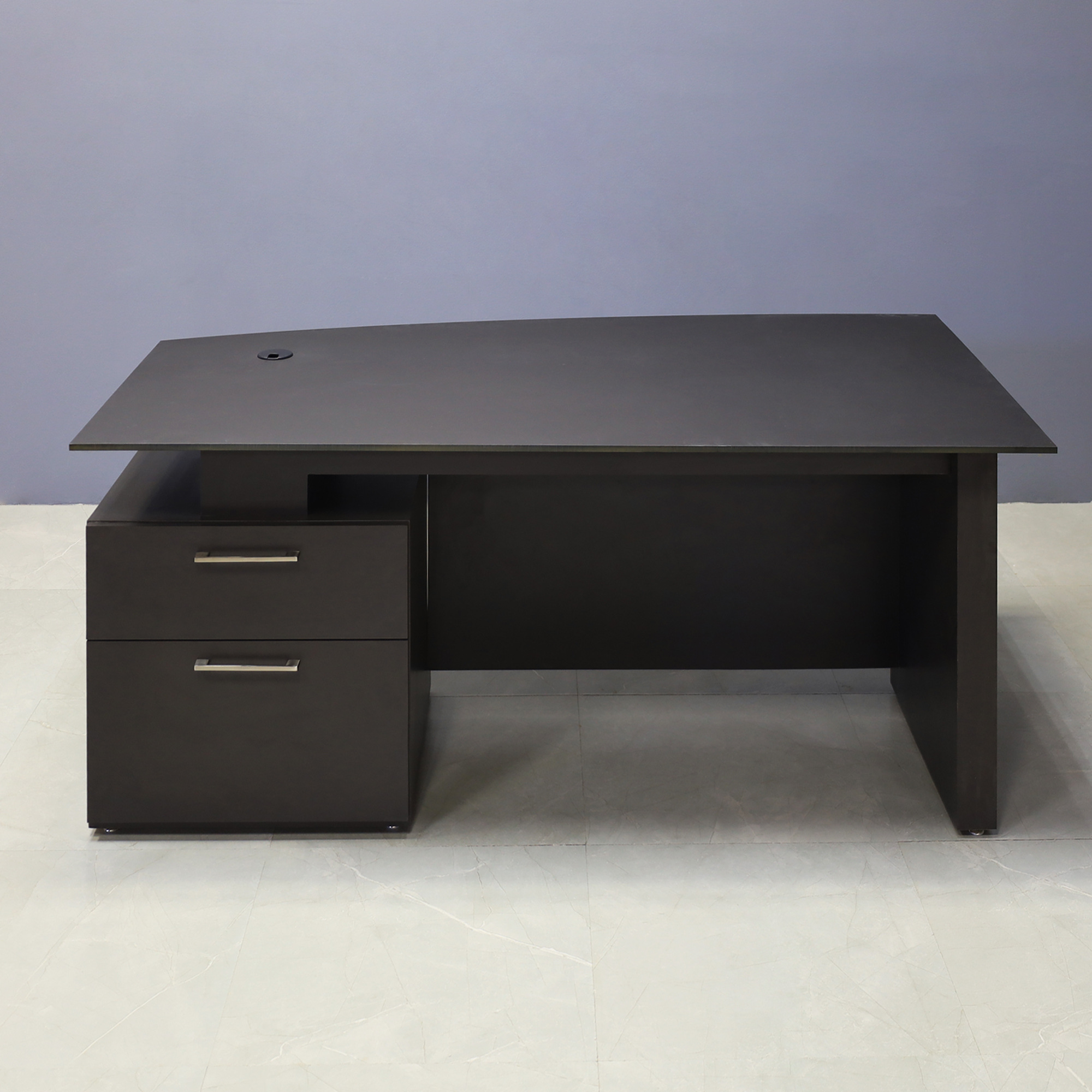 72-inch Avenue Curved Executive Desk with black traceless engineered surface top, graphite matte laminate base, storage & privacy panel.