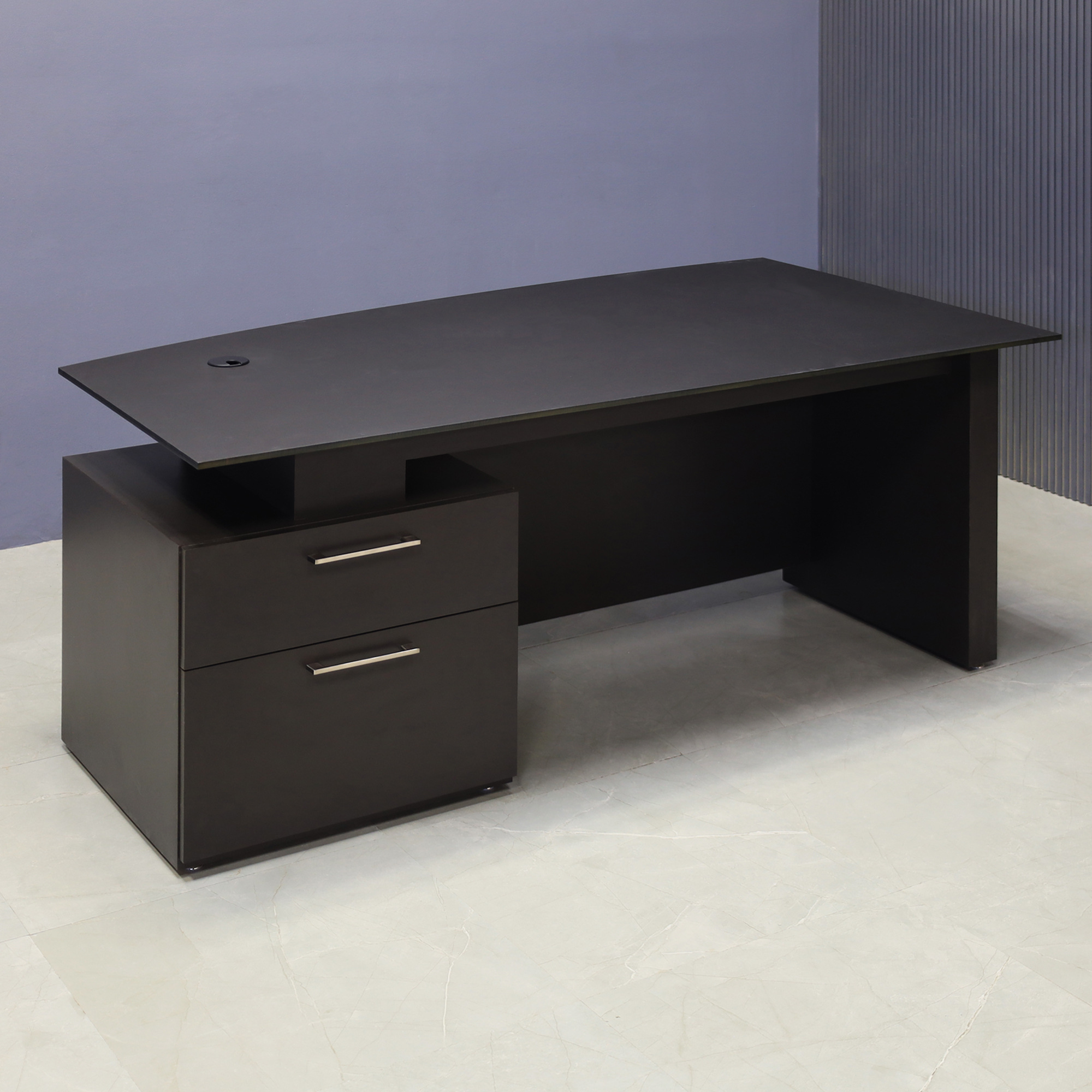 72-inch Avenue Curved Executive Desk with black traceless engineered surface top, graphite matte laminate base, storage & privacy panel.